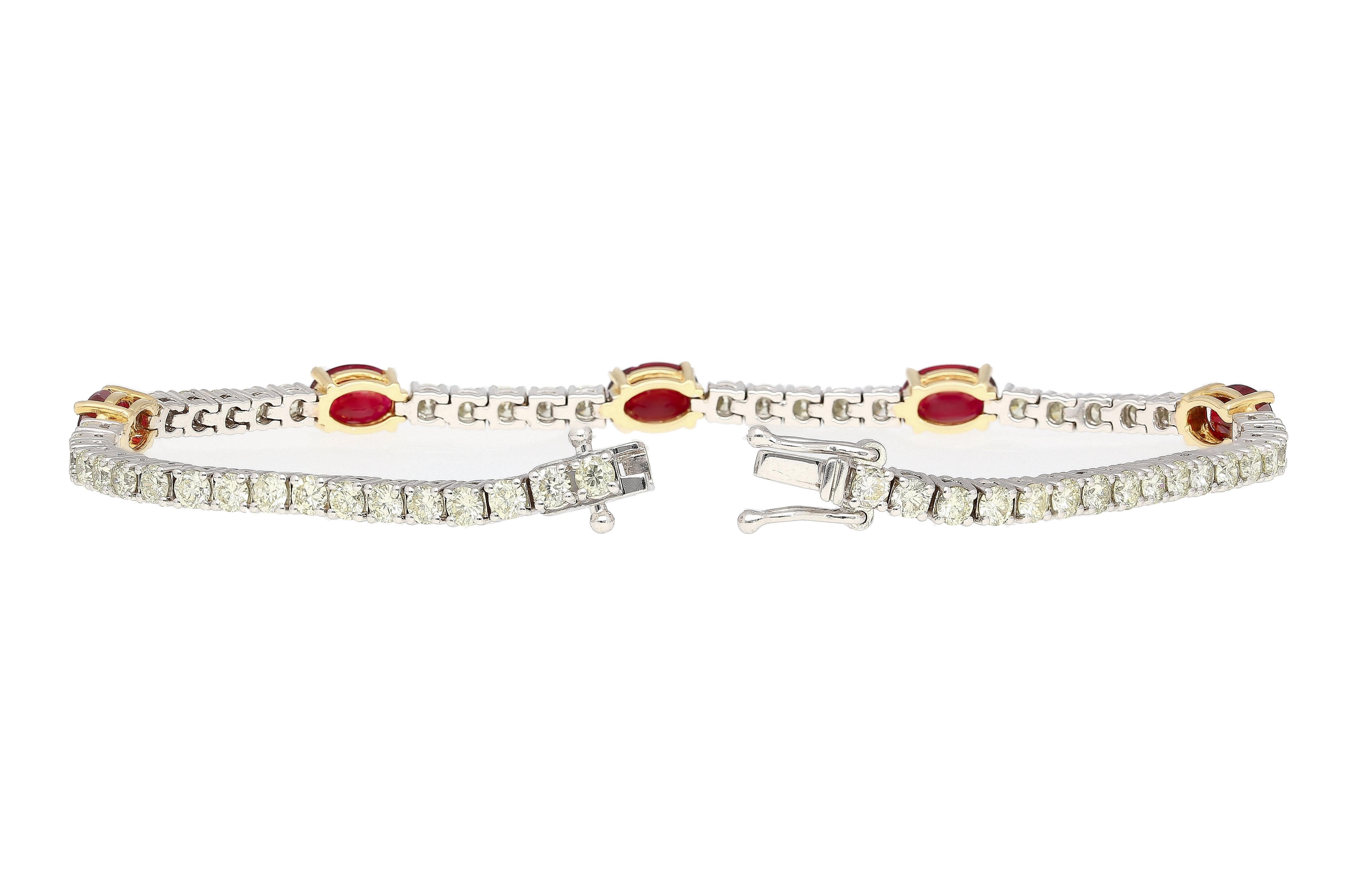 5.54 Carat Oval Cut Ruby and Diamond Tennis Bracelet in Two Tone 18K Gold For Sale 2