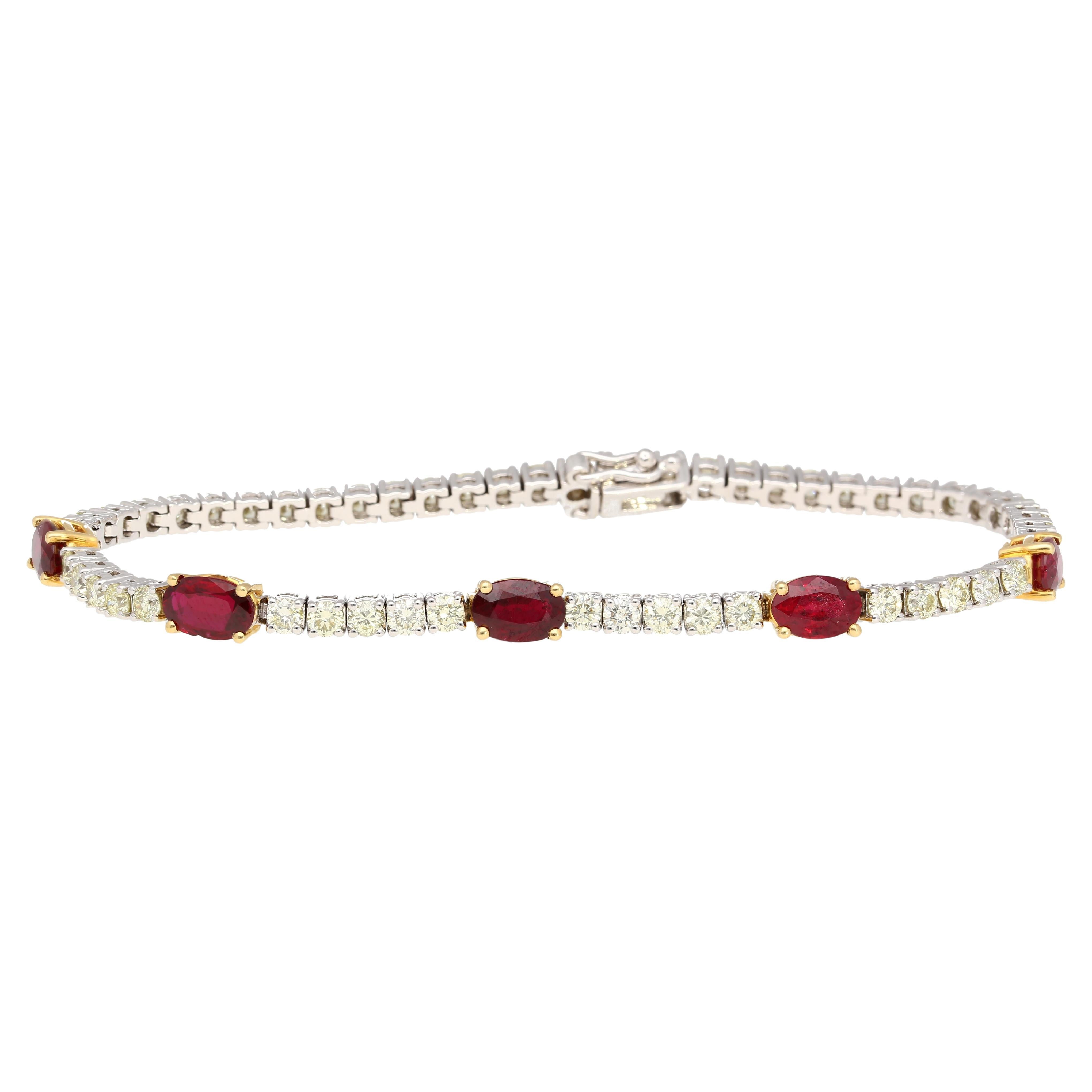 5.54 Carat Oval Cut Ruby and Diamond Tennis Bracelet in Two Tone 18K Gold For Sale