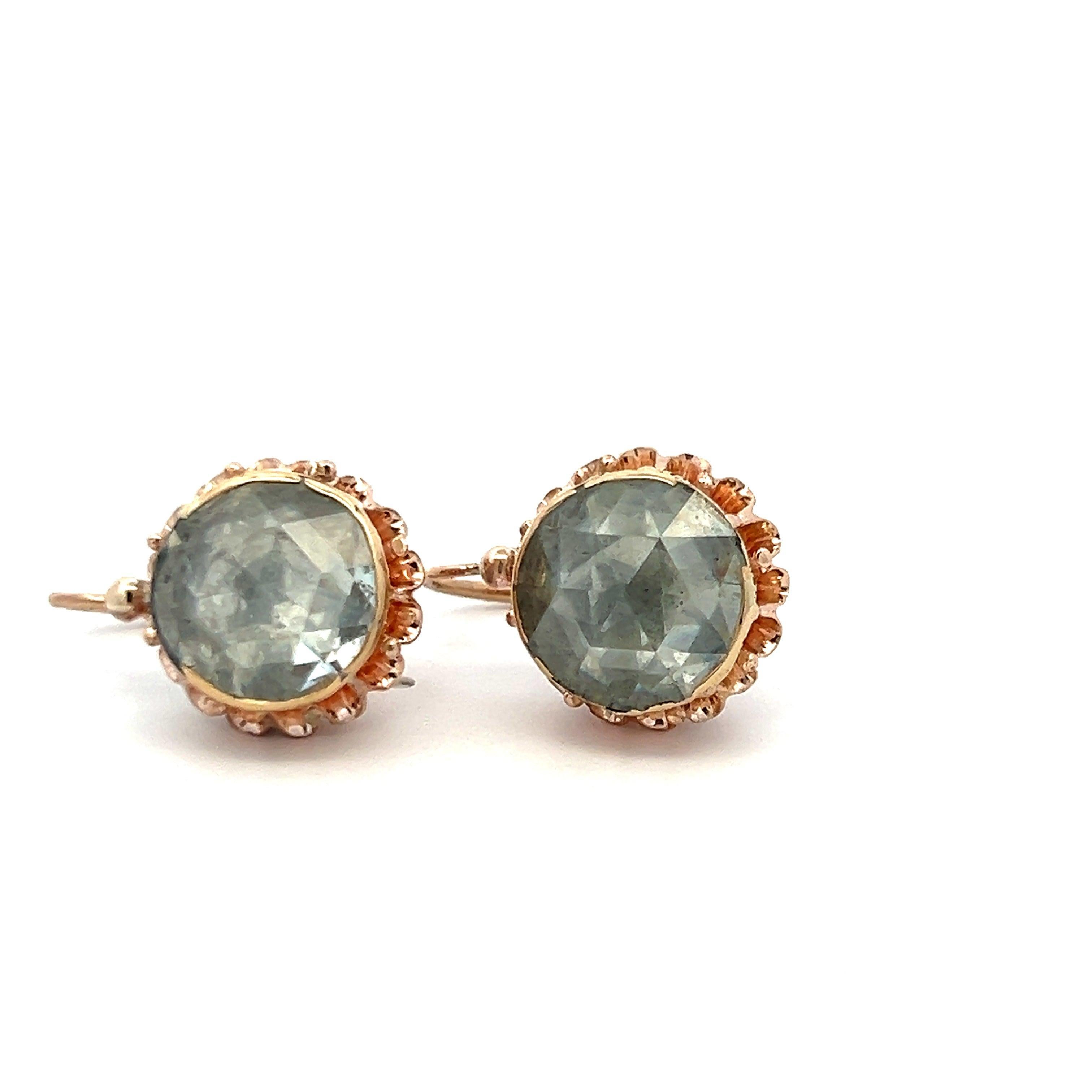 Women's 5.54 Carat Rose Cut K-M SI2 Diamond 14 Karat Rose Gold Leverback Earrings For Sale