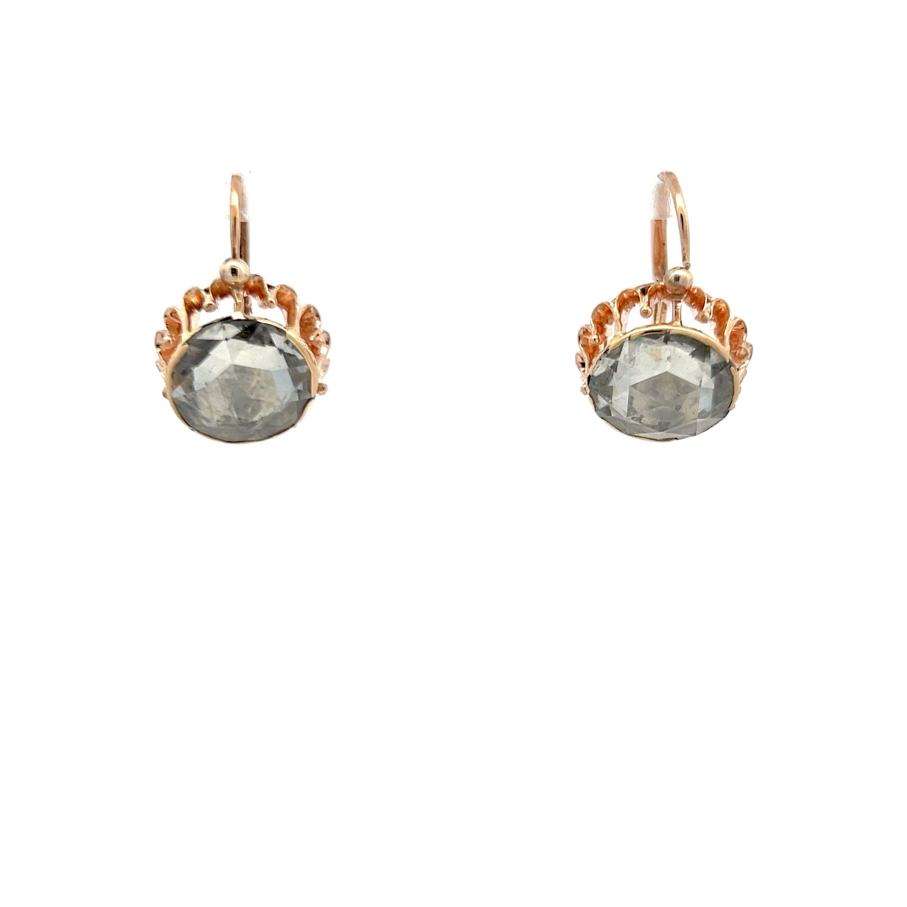 5.54 Carat Rose Cut K-M SI2 Diamond 14 Karat Rose Gold Leverback Earrings For Sale 4