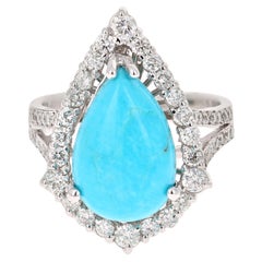 Bague cocktail en or blanc 14 carats avec turquoise de 5,54 carats et diamants