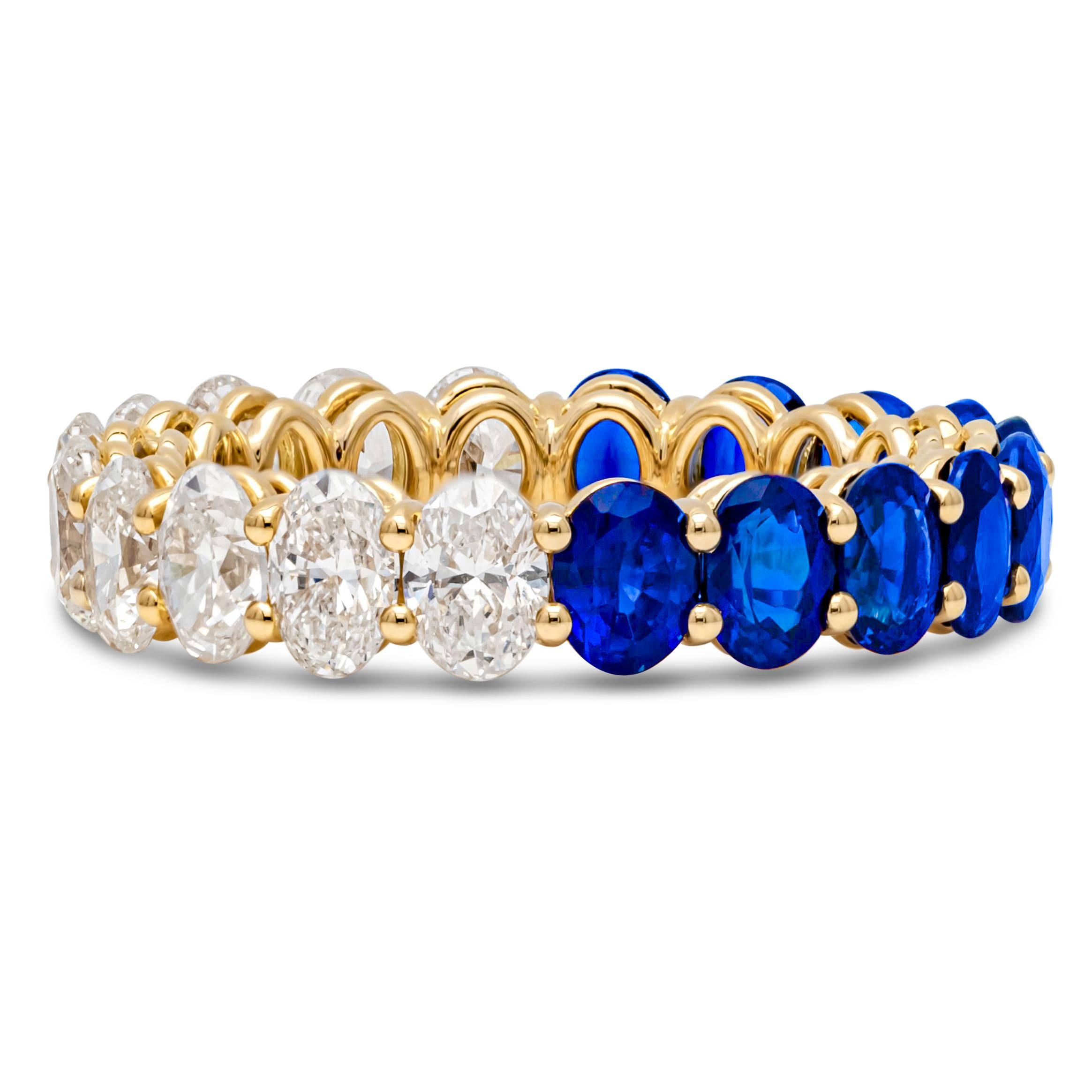 A beautiful and vibrant eternity wedding band style showcasing a color-rich 10 oval cut blue sapphire weighing 3.18 carats total and 10 brilliant oval cut diamonds weighing 2.36 carats total, set in a shared prong setting. Eternity set in an open