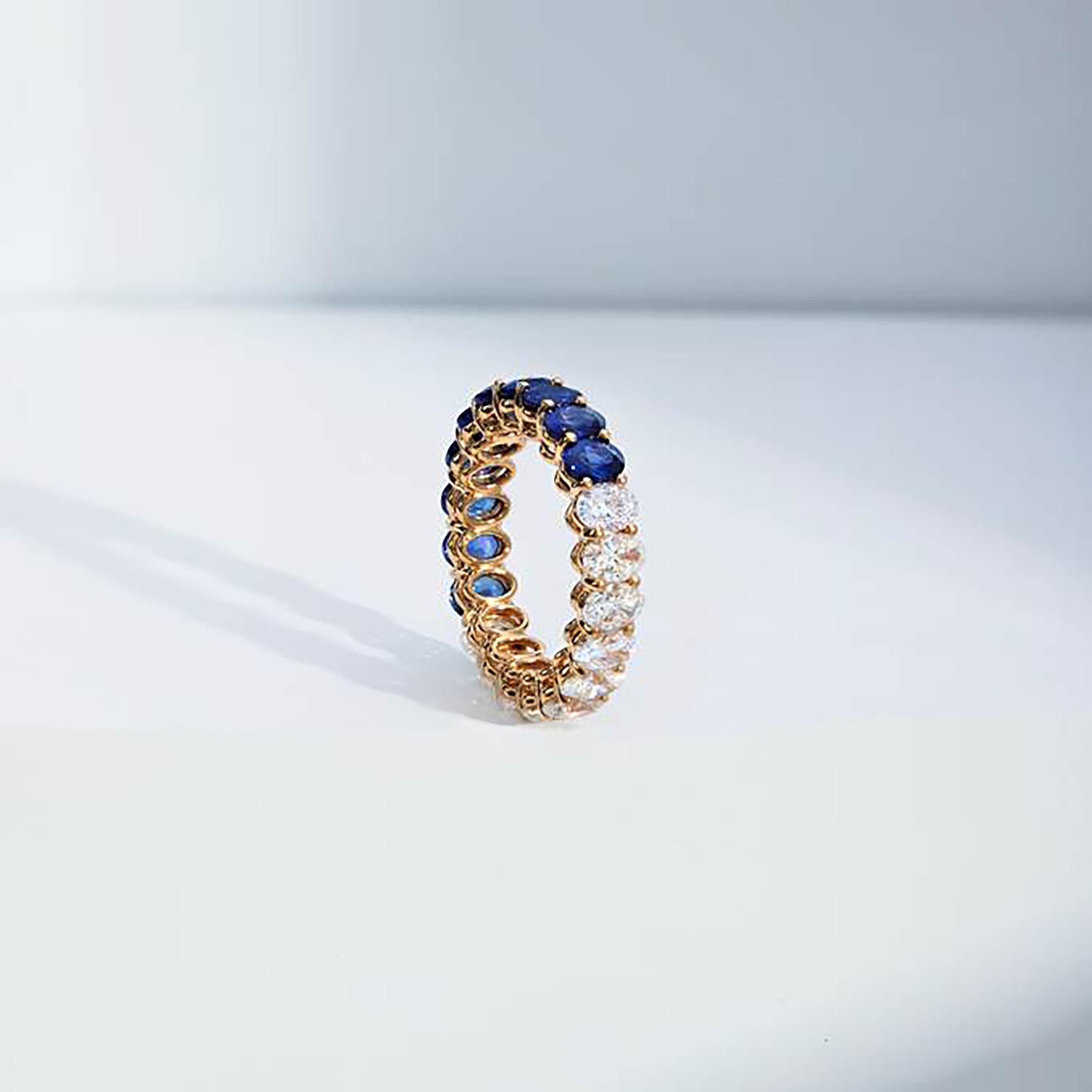 Contemporary 5.54 Carats Total Oval Cut Half Blue Sapphire & Diamond Eternity Wedding Band For Sale