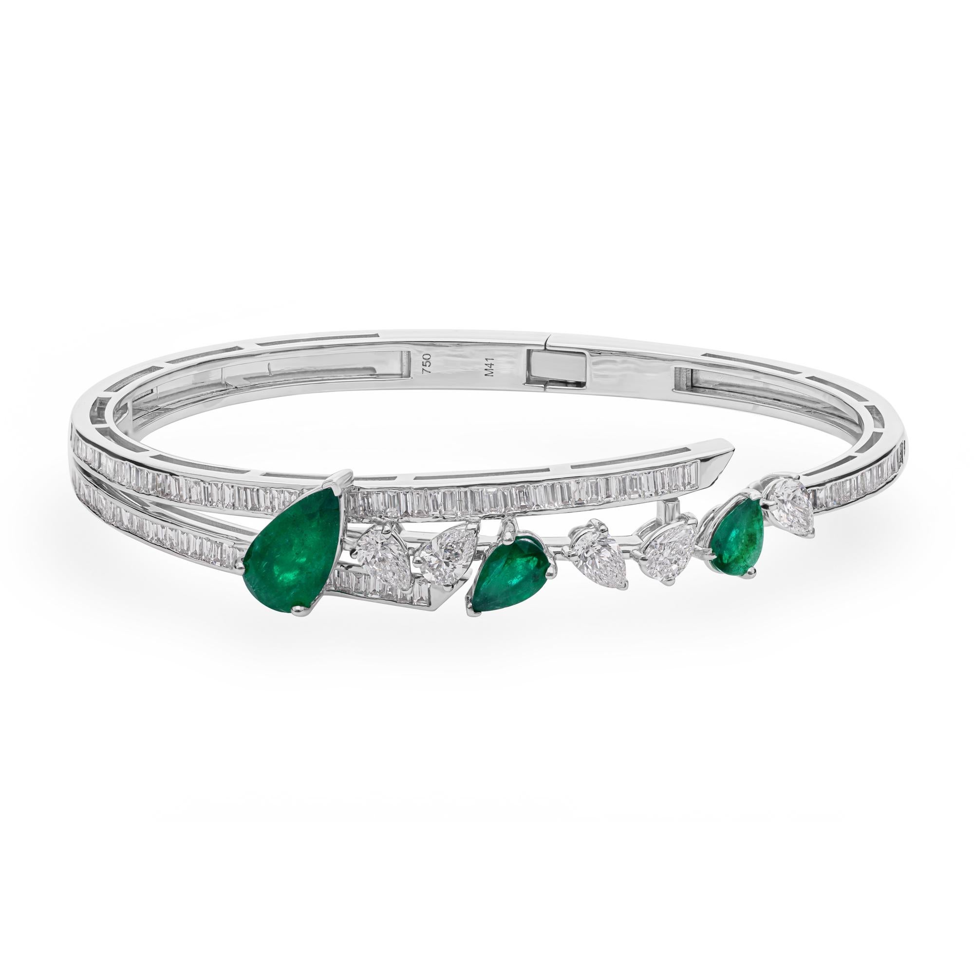 5.54 TCW Zambian Emerald and Diamond Cuff Bracelet 14K White Gold Fine Jewelry