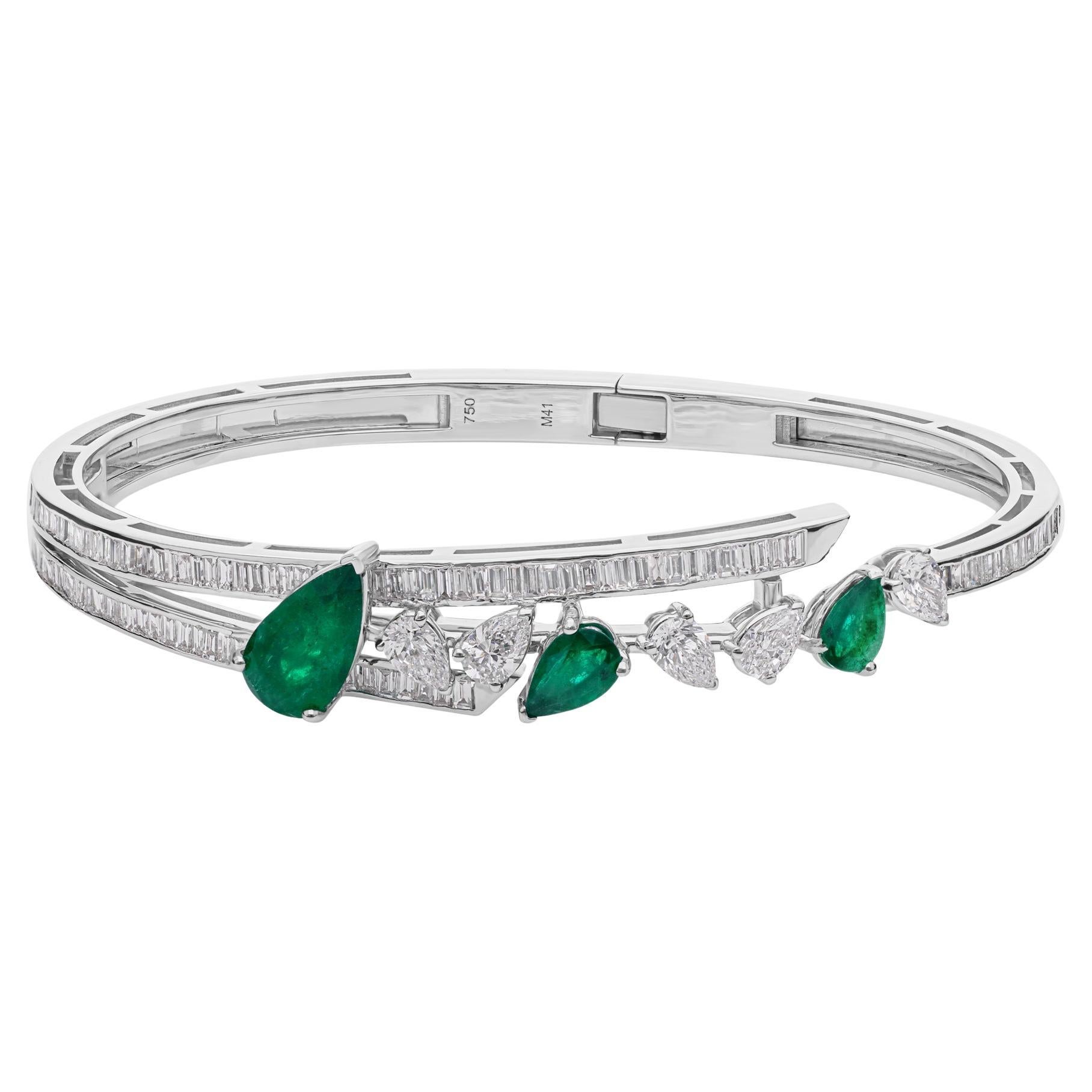 5.54 TCW Zambian Emerald and Diamond Cuff Bracelet 18K White Gold Fine Jewelry