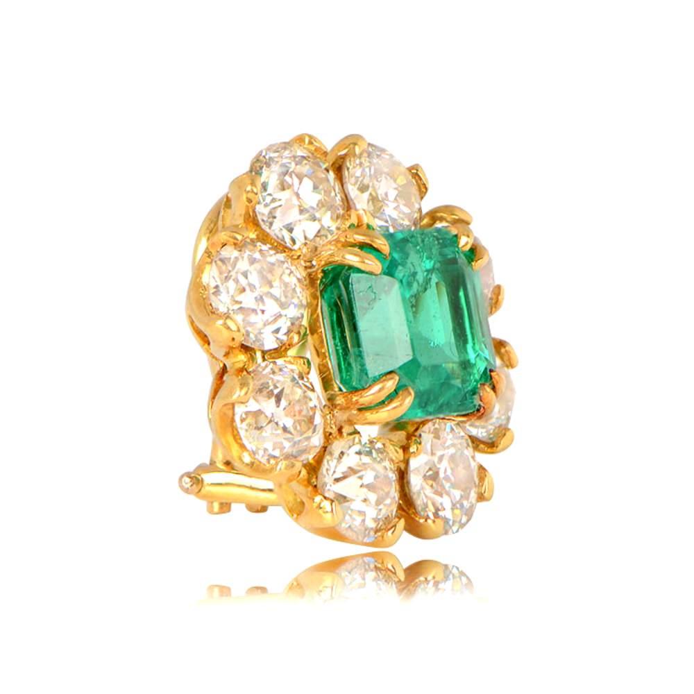 Art Deco 5.54ct Emerald Cut Natural Emerald Earrings, Diamond Halo, 18K Yellow Gold  For Sale