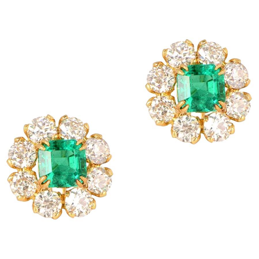 5.54ct Emerald Cut Natural Emerald Earrings, Diamond Halo, 18K Yellow Gold 