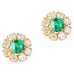5.54ct Emerald Cut Natural Emerald Earrings, Diamond Halo, 18K Yellow Gold 