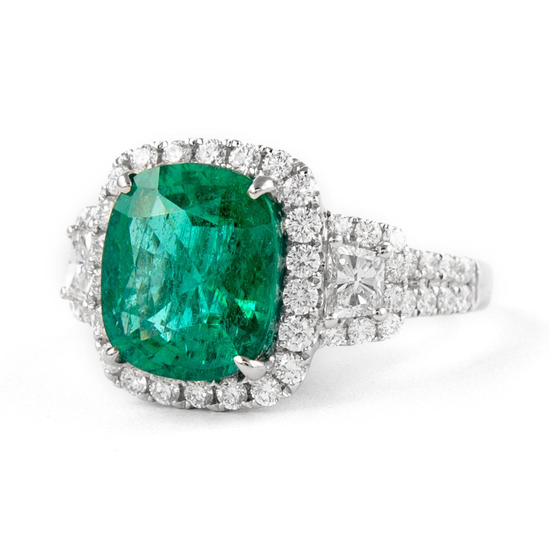 Contemporary 5.54ctt Emerald with Diamond Three Stone Halo Ring 18 Karat Gold