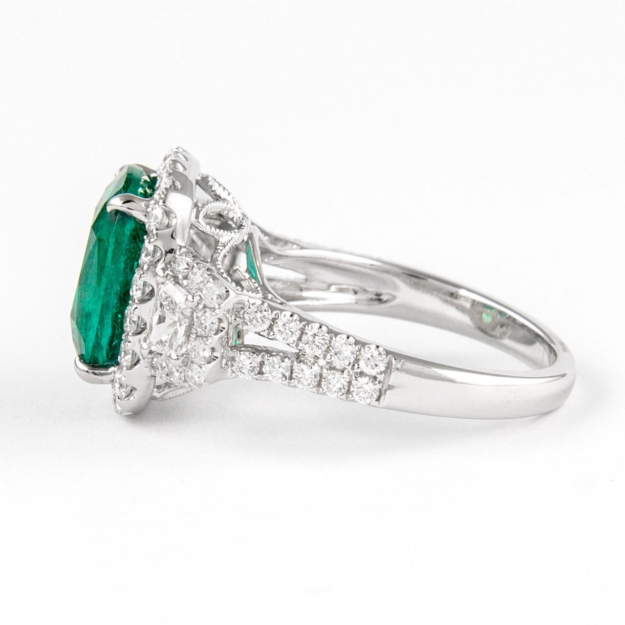 Cushion Cut 5.54ctt Emerald with Diamond Three Stone Halo Ring 18 Karat Gold