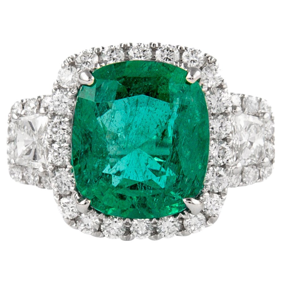 5.54ctt Emerald with Diamond Three Stone Halo Ring 18 Karat Gold