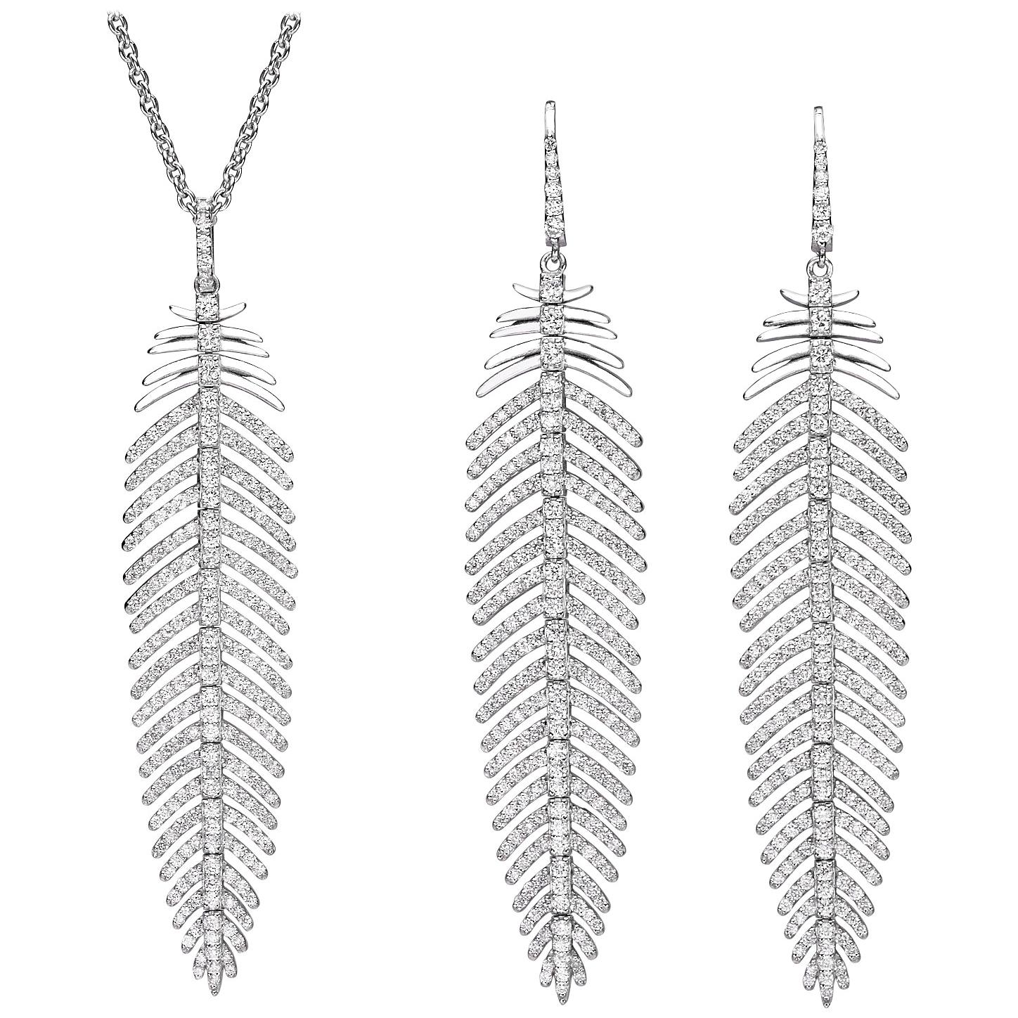 5.55 Carat Diamonds Feather Dangle Pendent and Earring Set For Sale