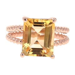 5.55 Carat Designer Inspired Emerald Cut Citrine Quartz 14K Rose Gold Ring