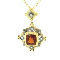 5.55 Carat Hessonite Garnet, Diamond Yellow White Gold Bezel Drop Pendant