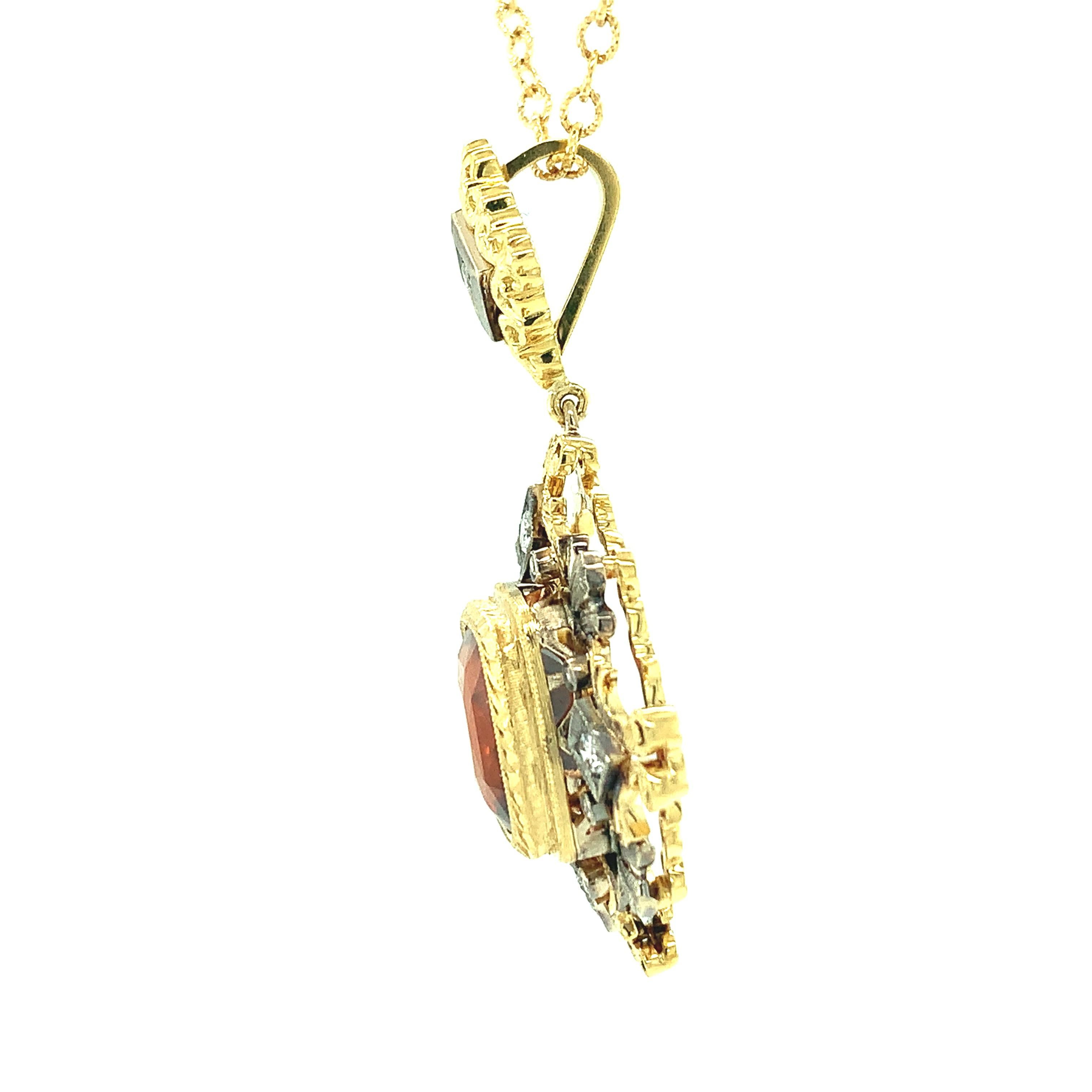 5.55 Carat Hessonite Garnet, Diamond Yellow White Gold Bezel Drop Pendant  In New Condition In Los Angeles, CA