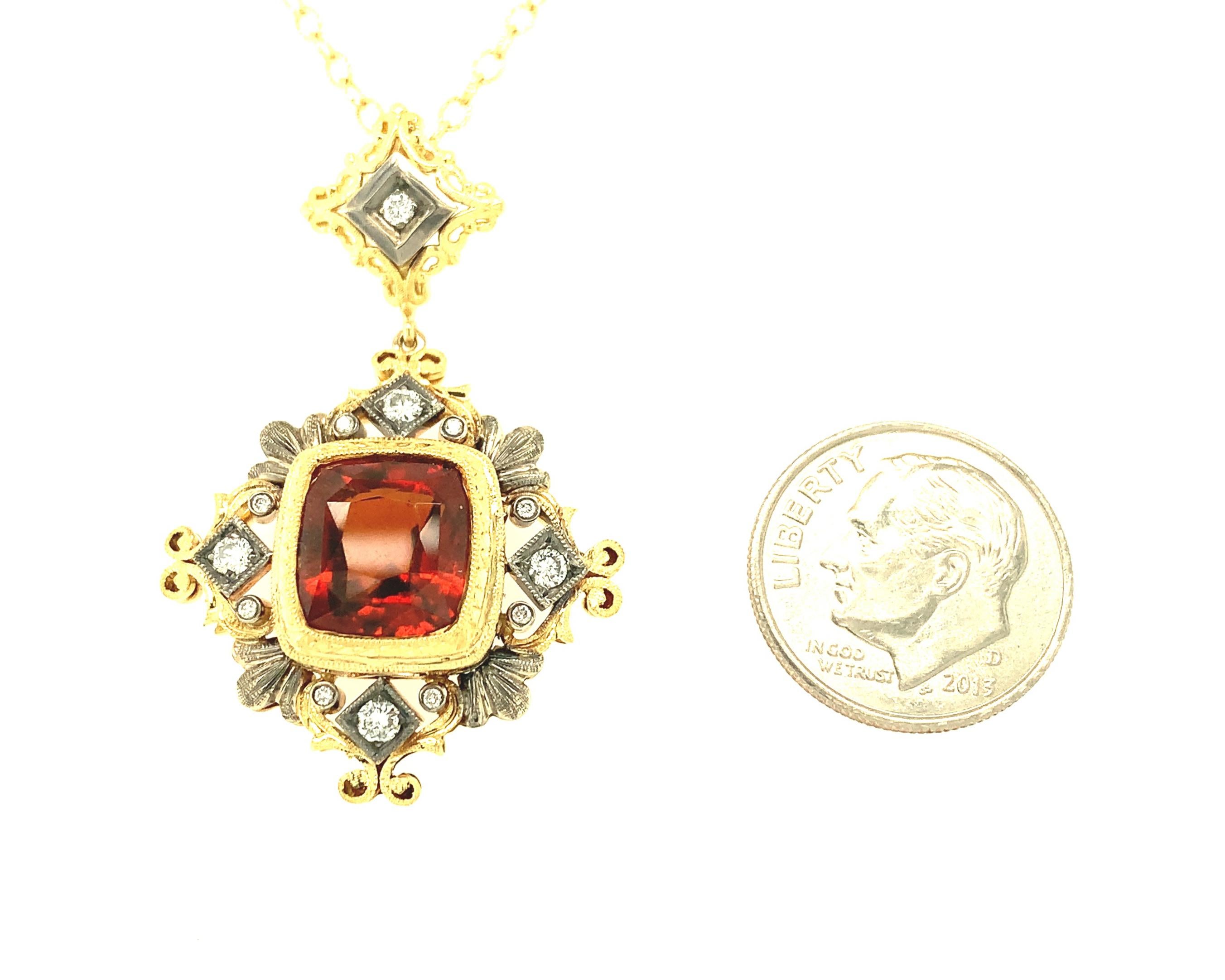 Women's 5.55 Carat Hessonite Garnet, Diamond Yellow White Gold Bezel Drop Pendant 