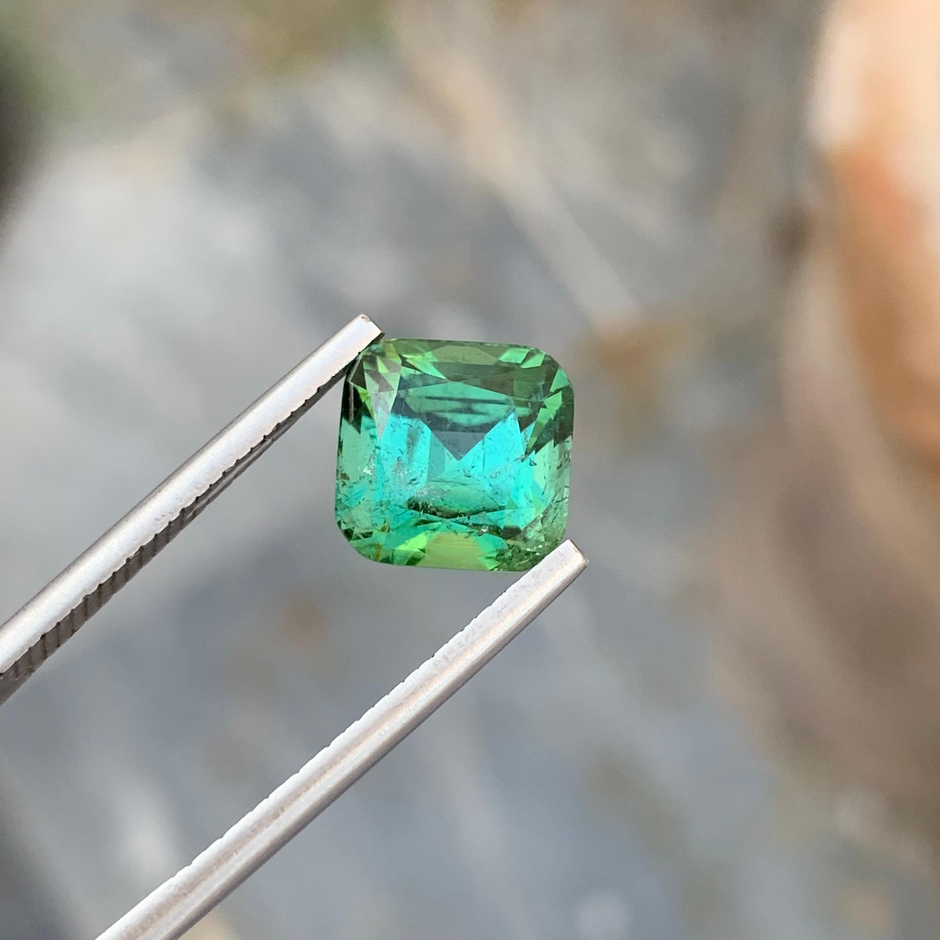 Square Cut 5.55 Carat Natural Loose Blueish Green Tourmaline Cushion Shape Gem For Sale