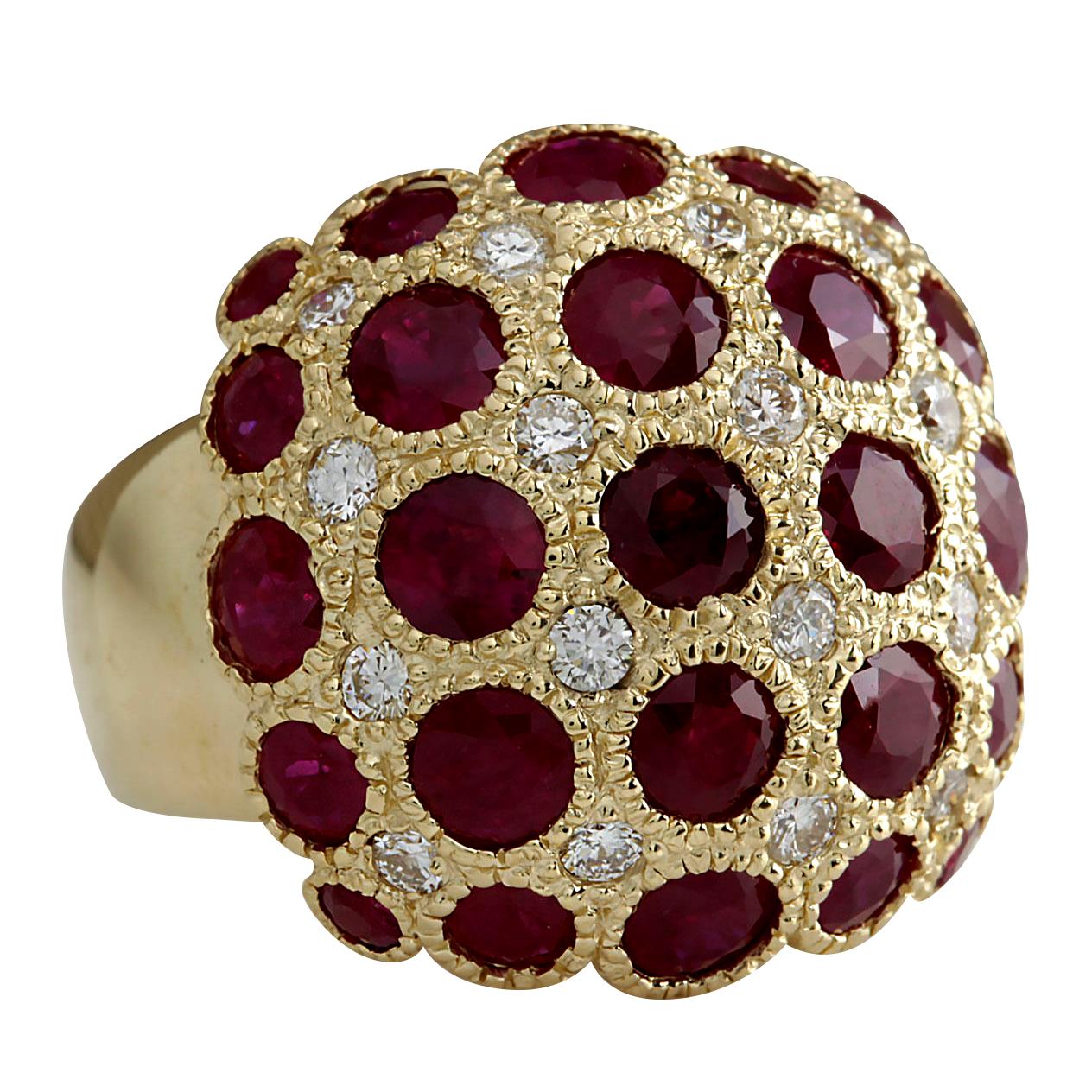 Stamped: 14K Yellow Gold
Total Ring Weight: 11.3 Grams
Total Natural Ruby Weight is 5.05 Carat
Color: Red
Total Natural Diamond Weight is 0.50 Carat
Color: F-G, Clarity: VS2-SI1
Face Measures: 20.15x19.35 mm
Sku: [702636W]