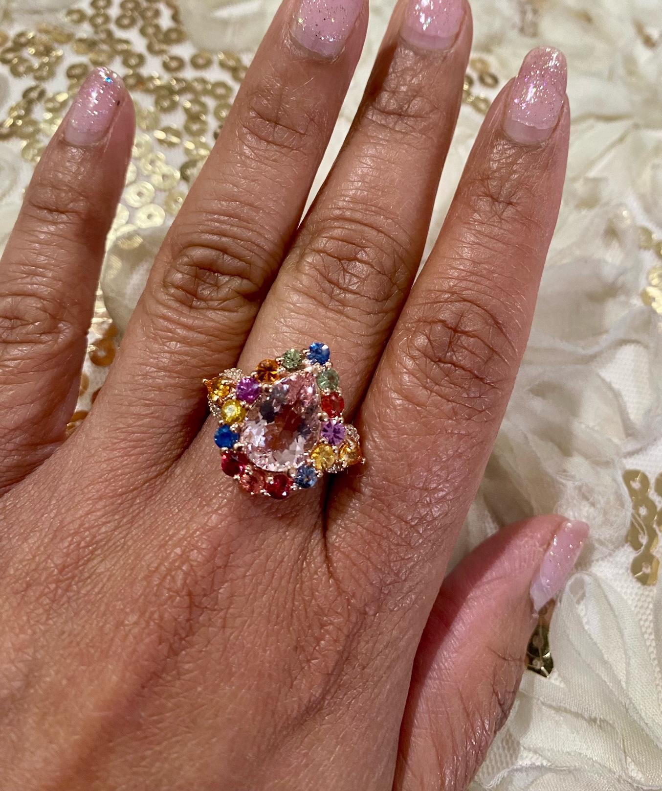 5.55 Carat Pink Morganite Diamond Sapphire Rose Gold Cocktail Ring For Sale 2