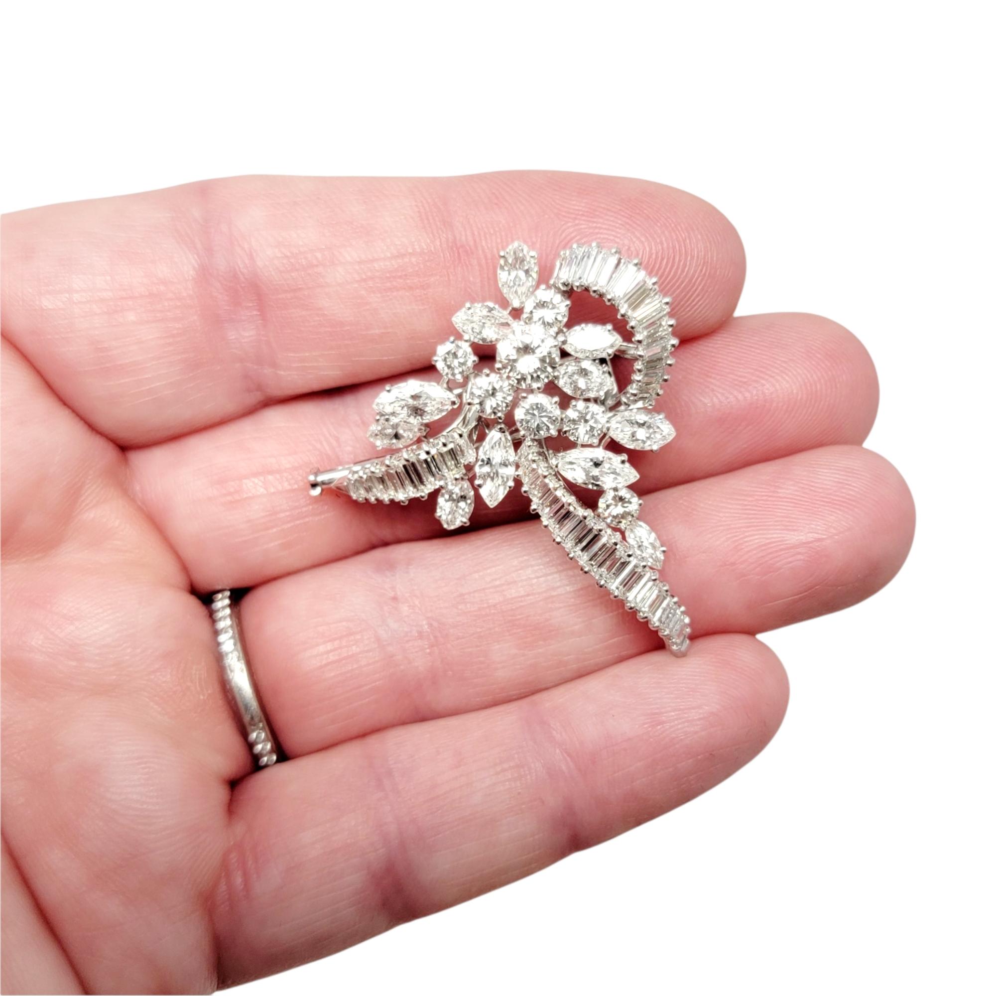 5.55 Carats Total Baguette, Marquis and Round Diamond and Platinum Brooch F-G/VS 8