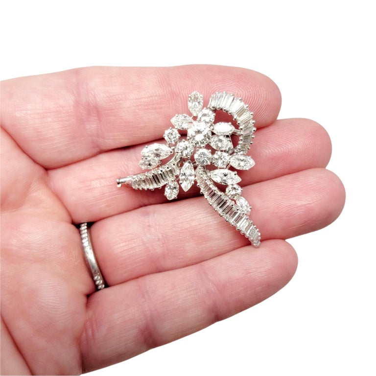 5.55 Carats Total Baguette, Marquis and Round Diamond and Platinum Brooch F-G/VS For Sale 8
