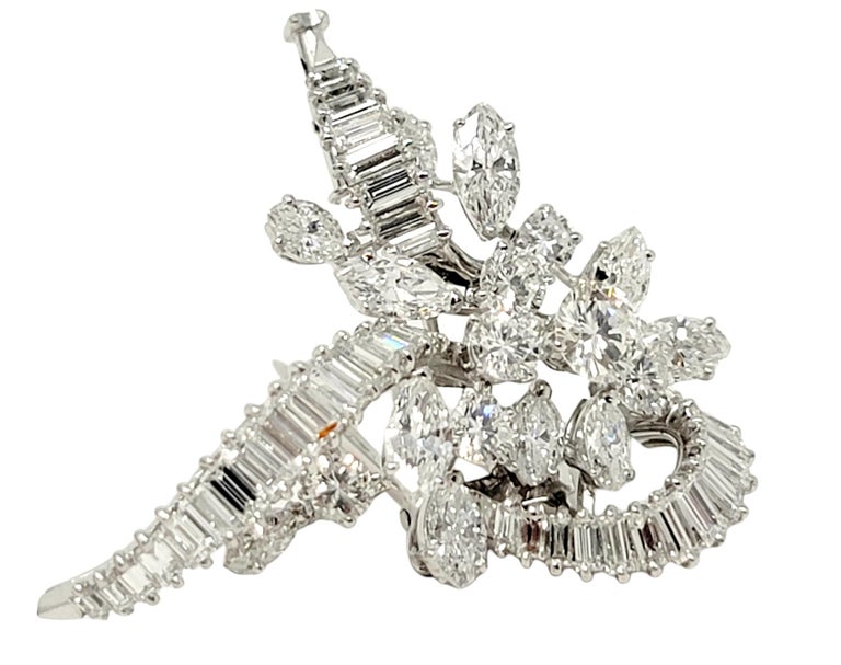 Contemporary 5.55 Carats Total Baguette, Marquis and Round Diamond and Platinum Brooch F-G/VS For Sale