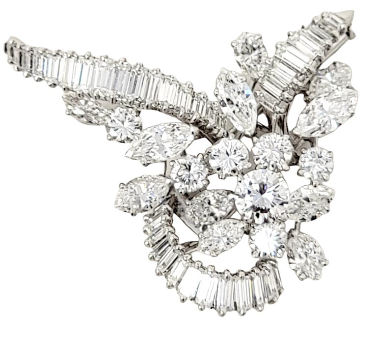 Baguette Cut 5.55 Carats Total Baguette, Marquis and Round Diamond and Platinum Brooch F-G/VS For Sale