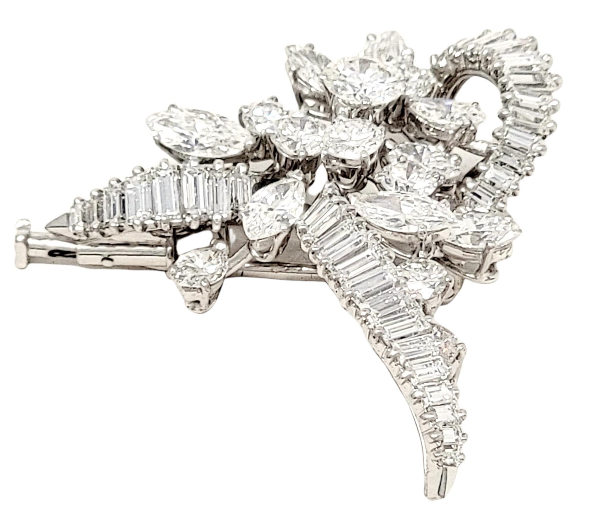 5.55 Carats Total Baguette, Marquis and Round Diamond and Platinum Brooch F-G/VS 1