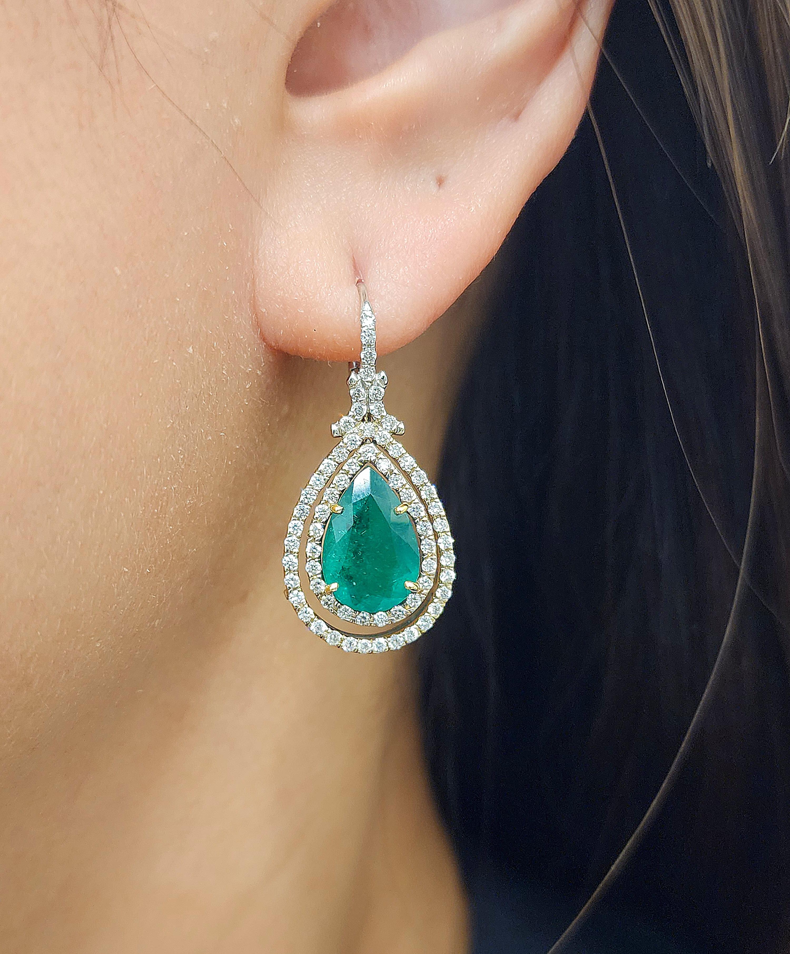 Pear Cut 5.55 ct Natural Pear Shape Emerald & Diamond Earrings For Sale