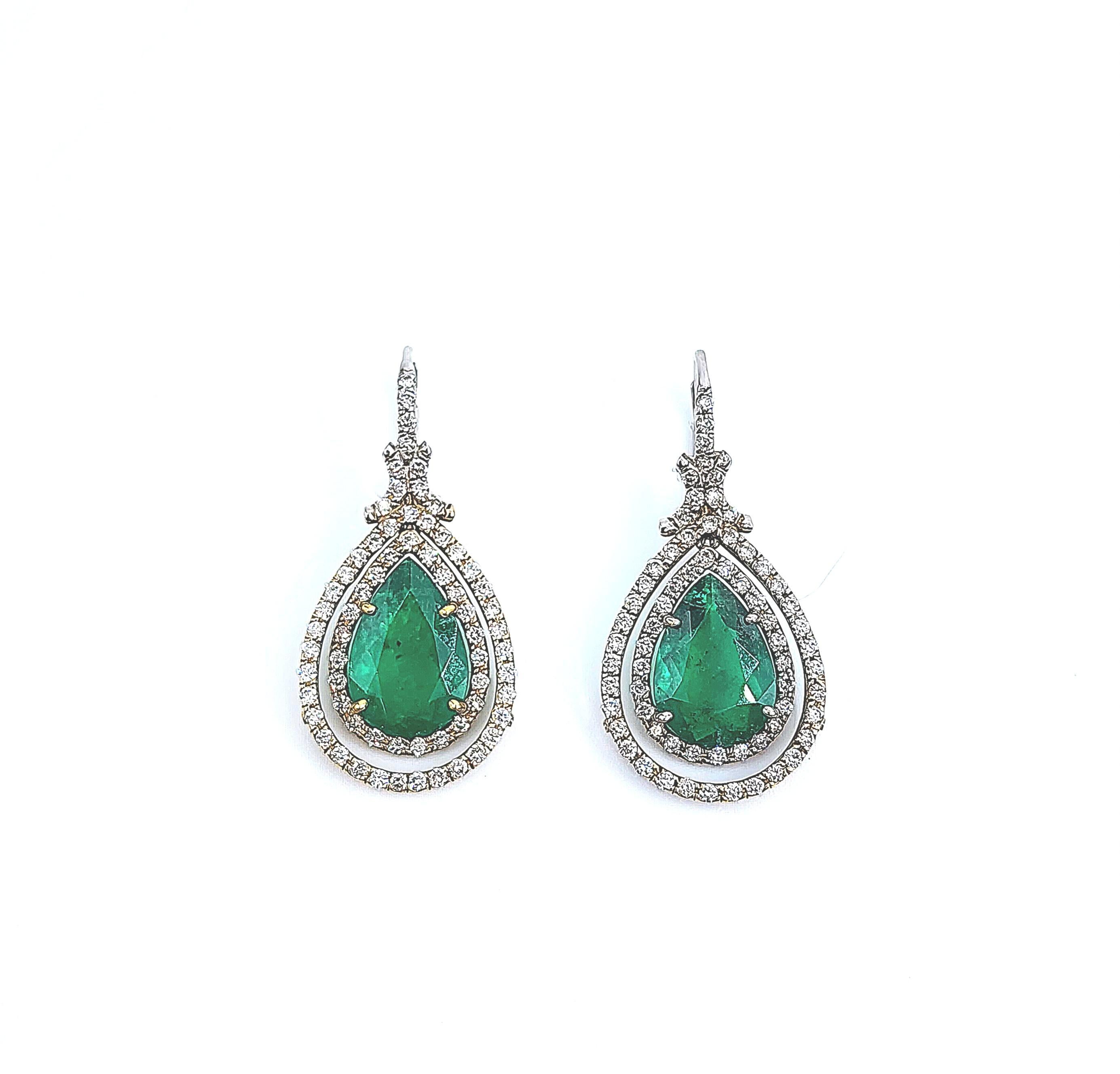 5.55 ct Natural Pear Shape Emerald & Diamond Earrings For Sale 3