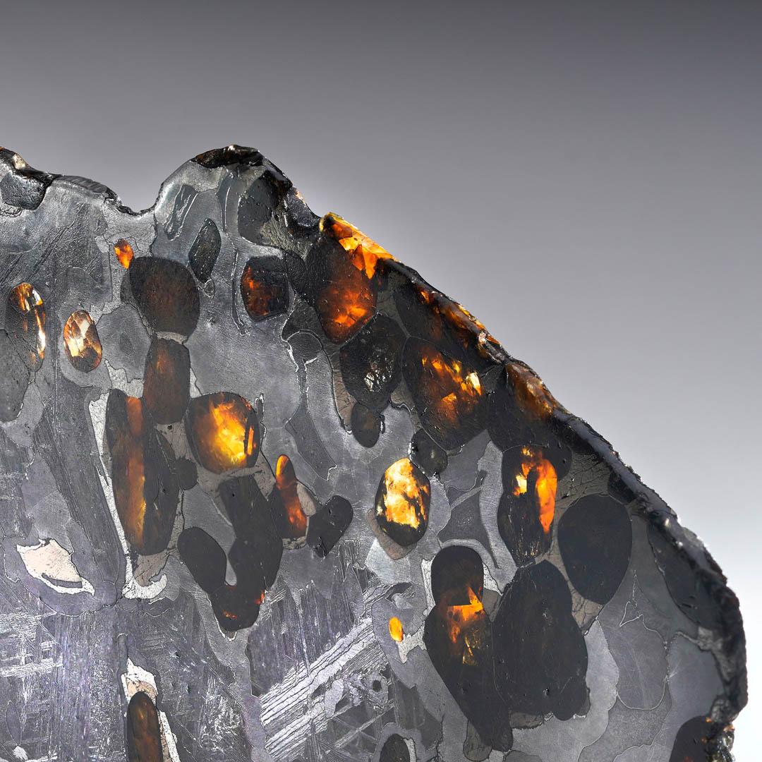 This Seymchan pallasite meteorite slice is a true natural masterpiece, showcasing a dazzling array of golden-hued Olivine crystals suspended in a lustrous iron-nickel matrix. Carefully sliced and expertly polished, this specimen reveals both the