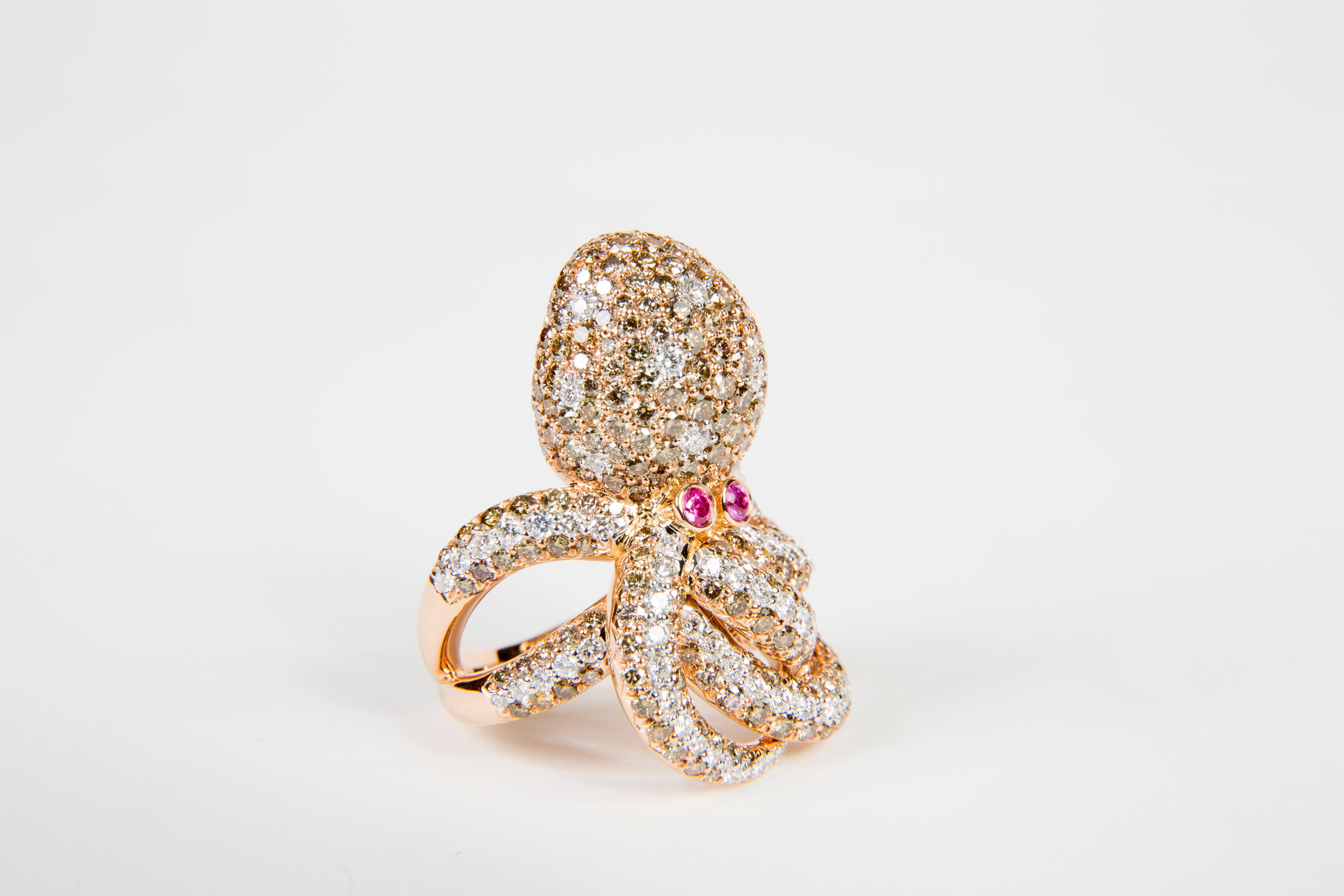 Contemporary 5.55ct Diamond and Pink Sapphire Octopus Shaped Cocktail Ring in 18K Rose Gold