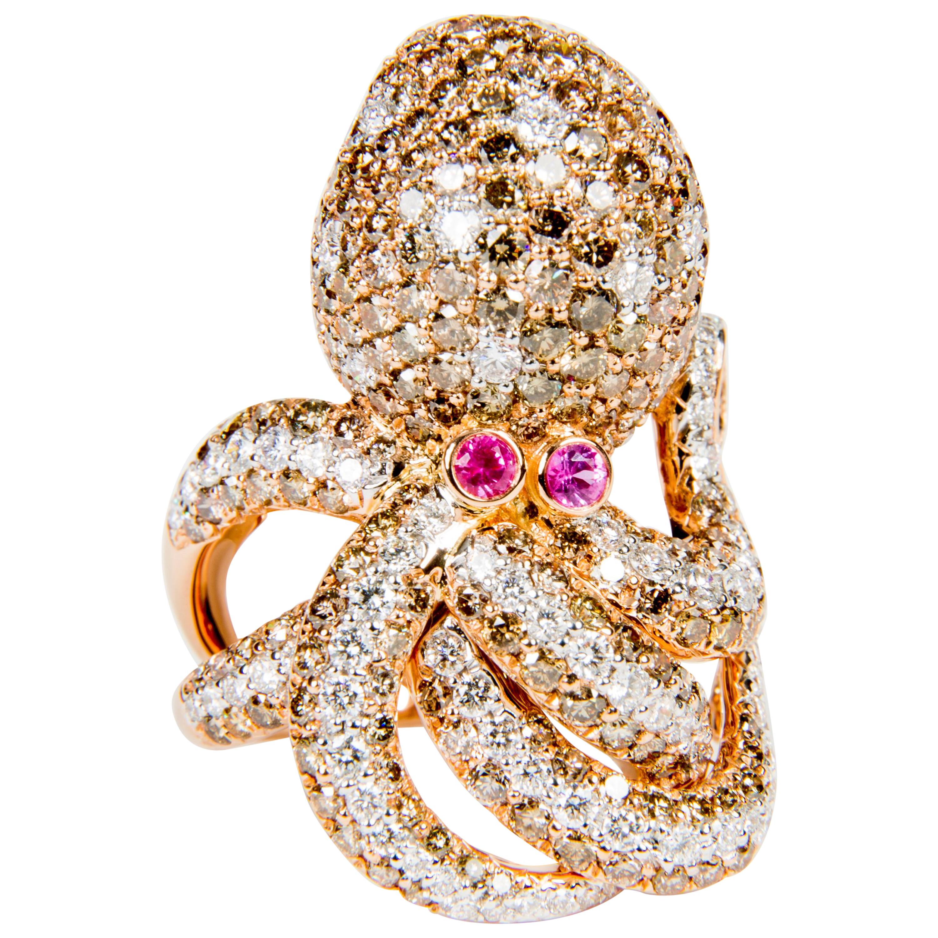 5.55ct Diamond and Pink Sapphire Octopus Shaped Cocktail Ring in 18K Rose Gold