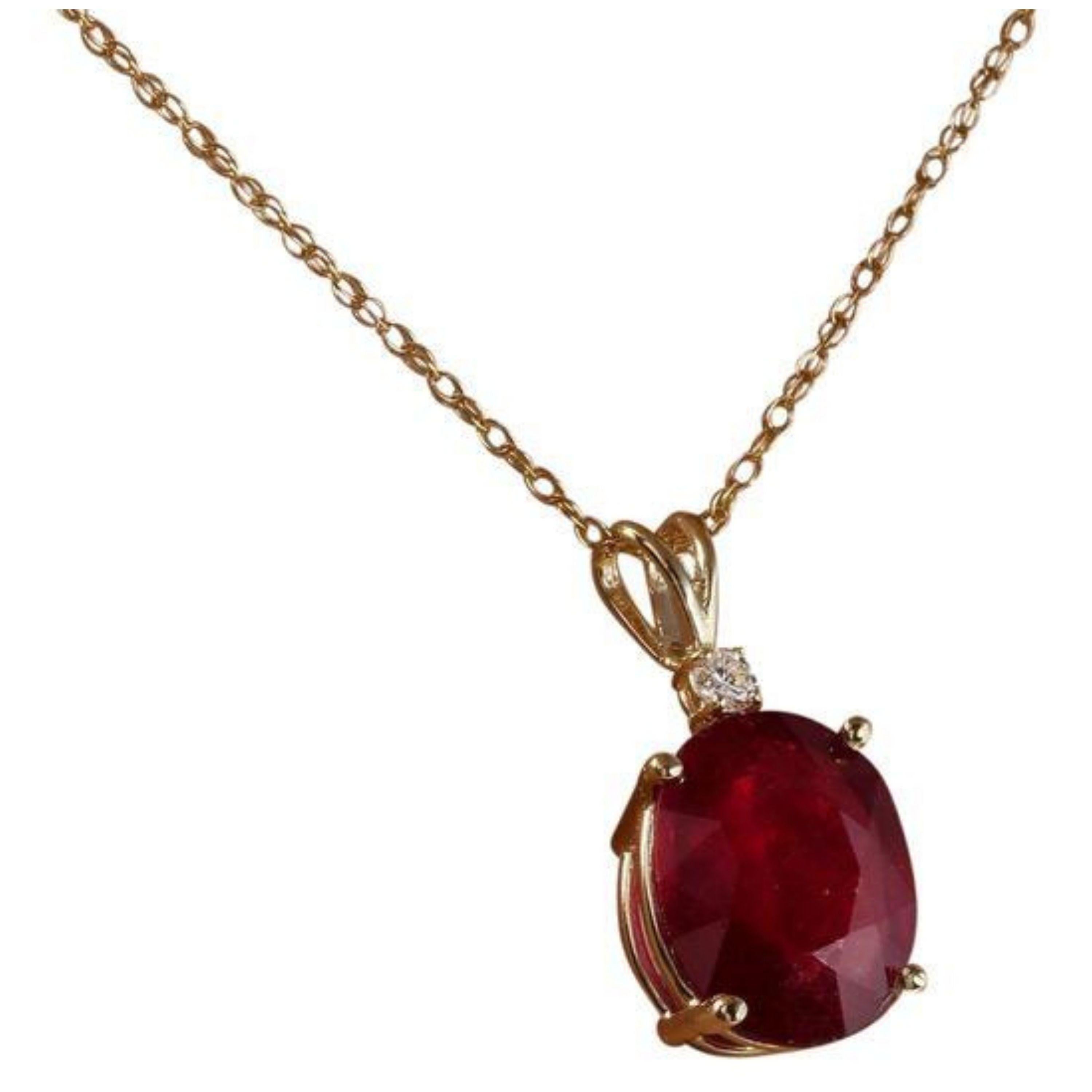 Collar de oro amarillo macizo de 14 quilates con 5,55 quilates de rubí rojo natural y diamantes

¡Una pieza de aspecto asombroso!

Estampado: 14K

Peso del rubí natural de corte oval: 5,50 quilates

Medidas del rubí: 12 x 10mm

Peso total del