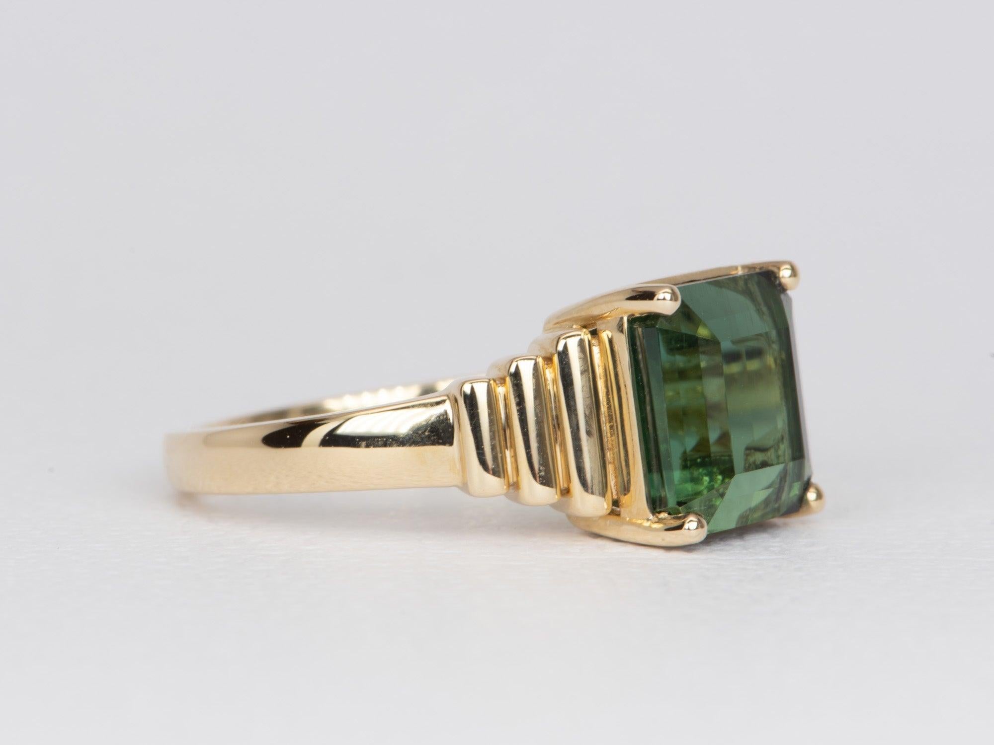 Square Cut 5.55 Carat Tourmaline on Wide Ribbed Design 14k Gold Engagement Ring R6477 For Sale