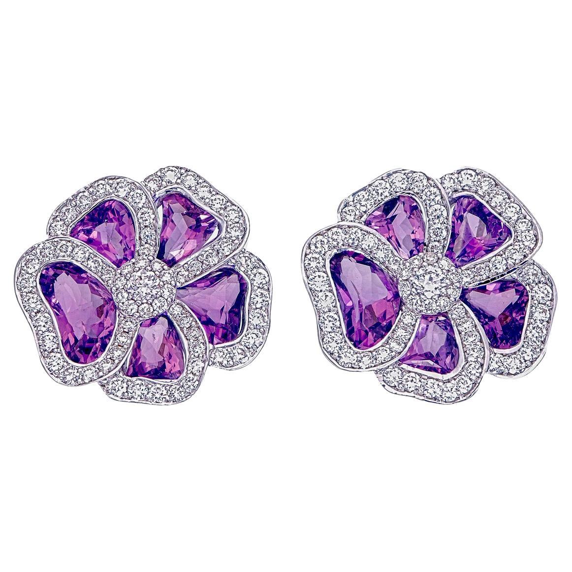 5.56 Carat Amethyst And Diamond Earrings In 18 Karat White Gold For Sale