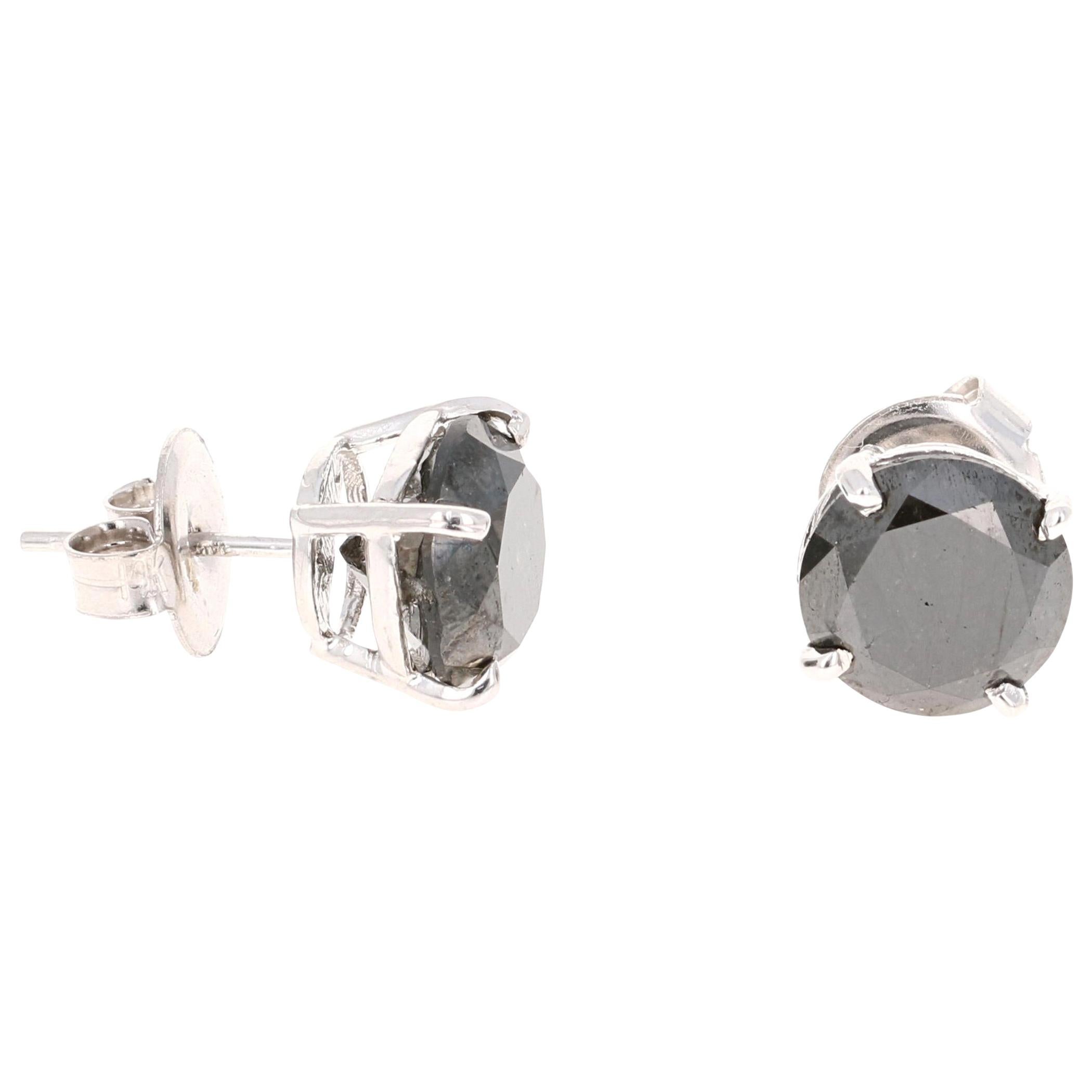 5.56 Carat Black Diamond 14 Karat White Gold Stud Earrings