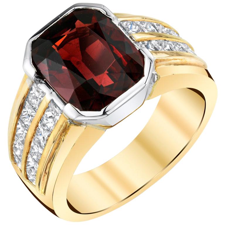 5.56 Carat Garnet and Channel Set Diamond Ring in 18k Yellow and White Gold  For Sale