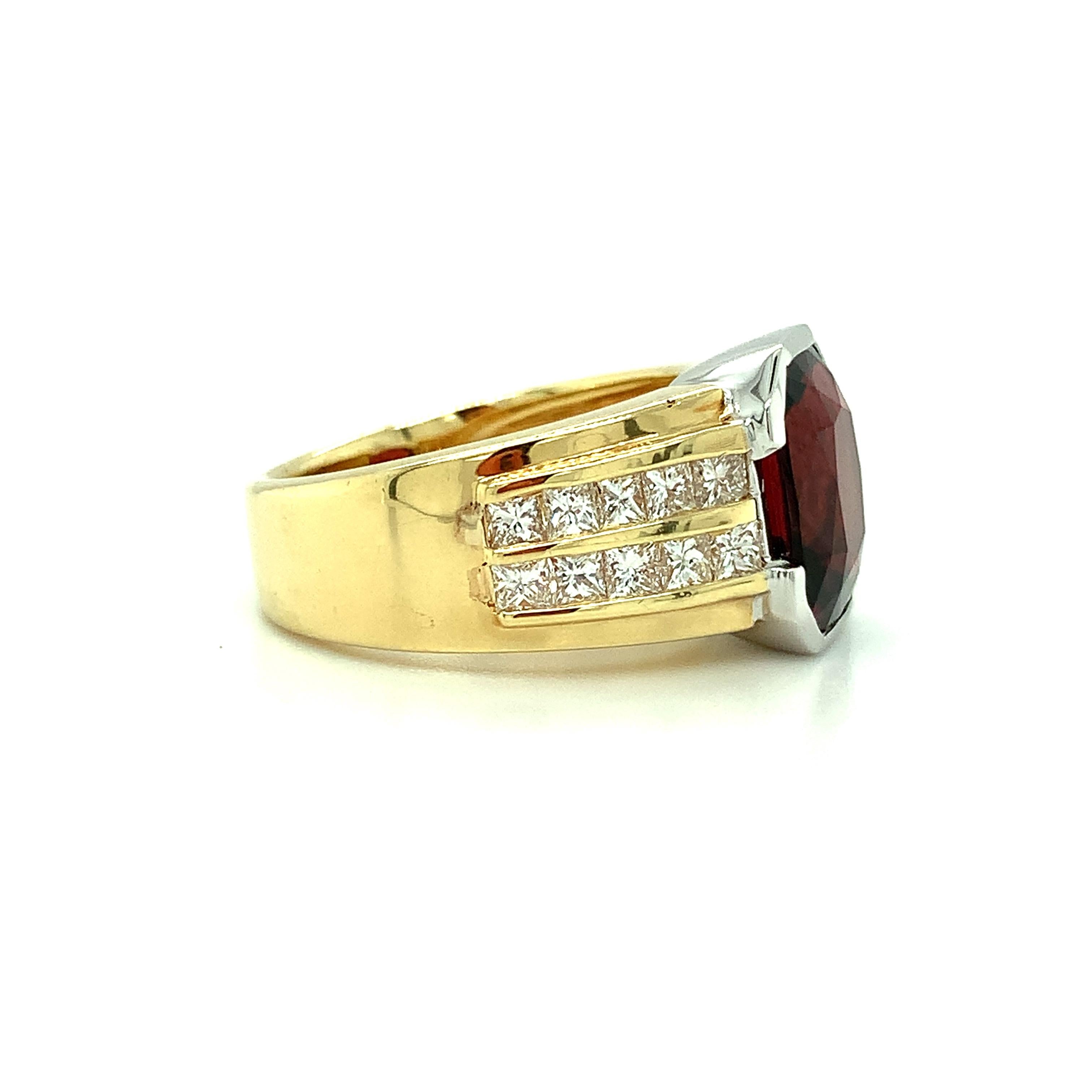 Artisan 5.56 Carat Garnet and Channel Set Diamond Ring in 18k Yellow and White Gold  For Sale