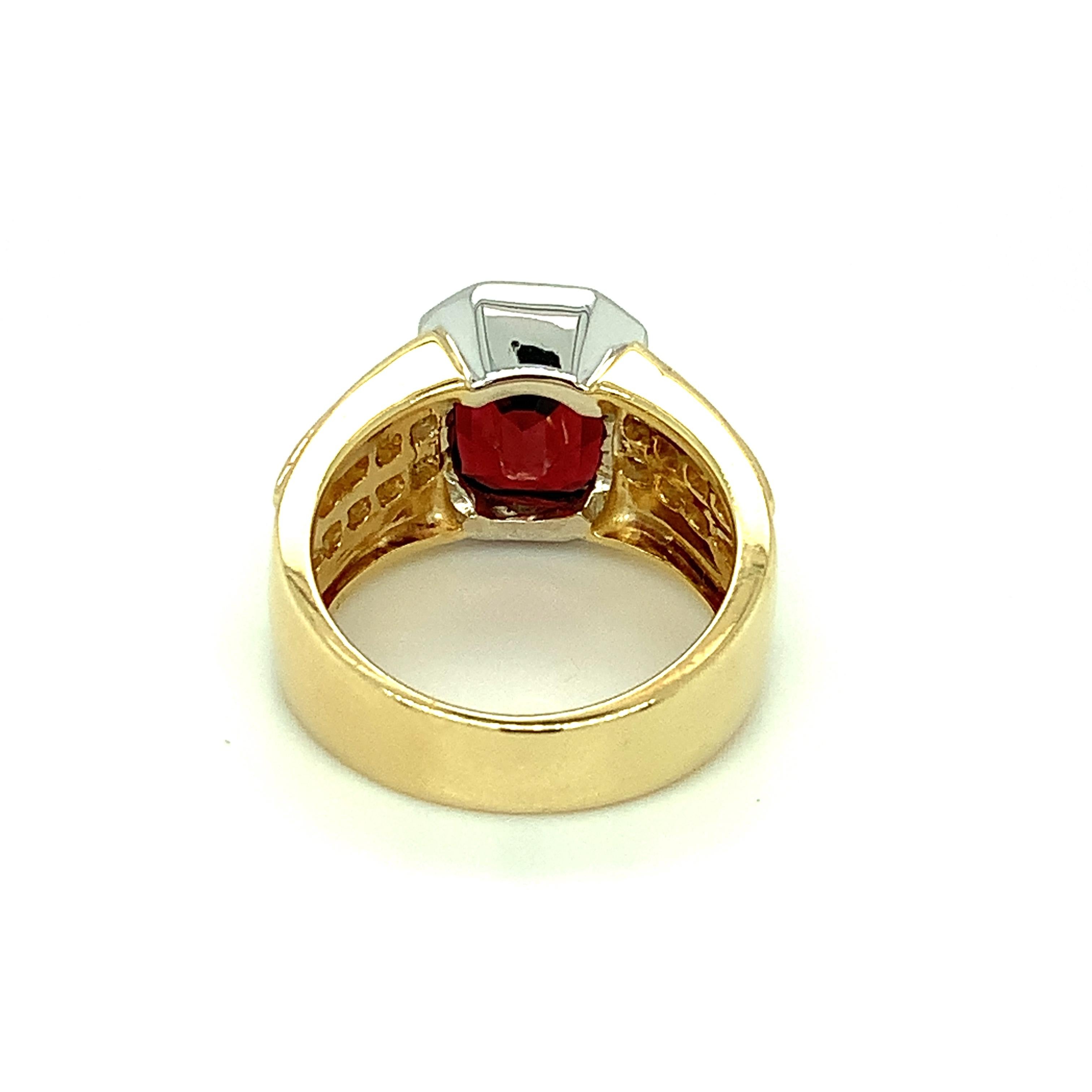 Emerald Cut 5.56 Carat Garnet and Channel Set Diamond Ring in 18k Yellow and White Gold  For Sale