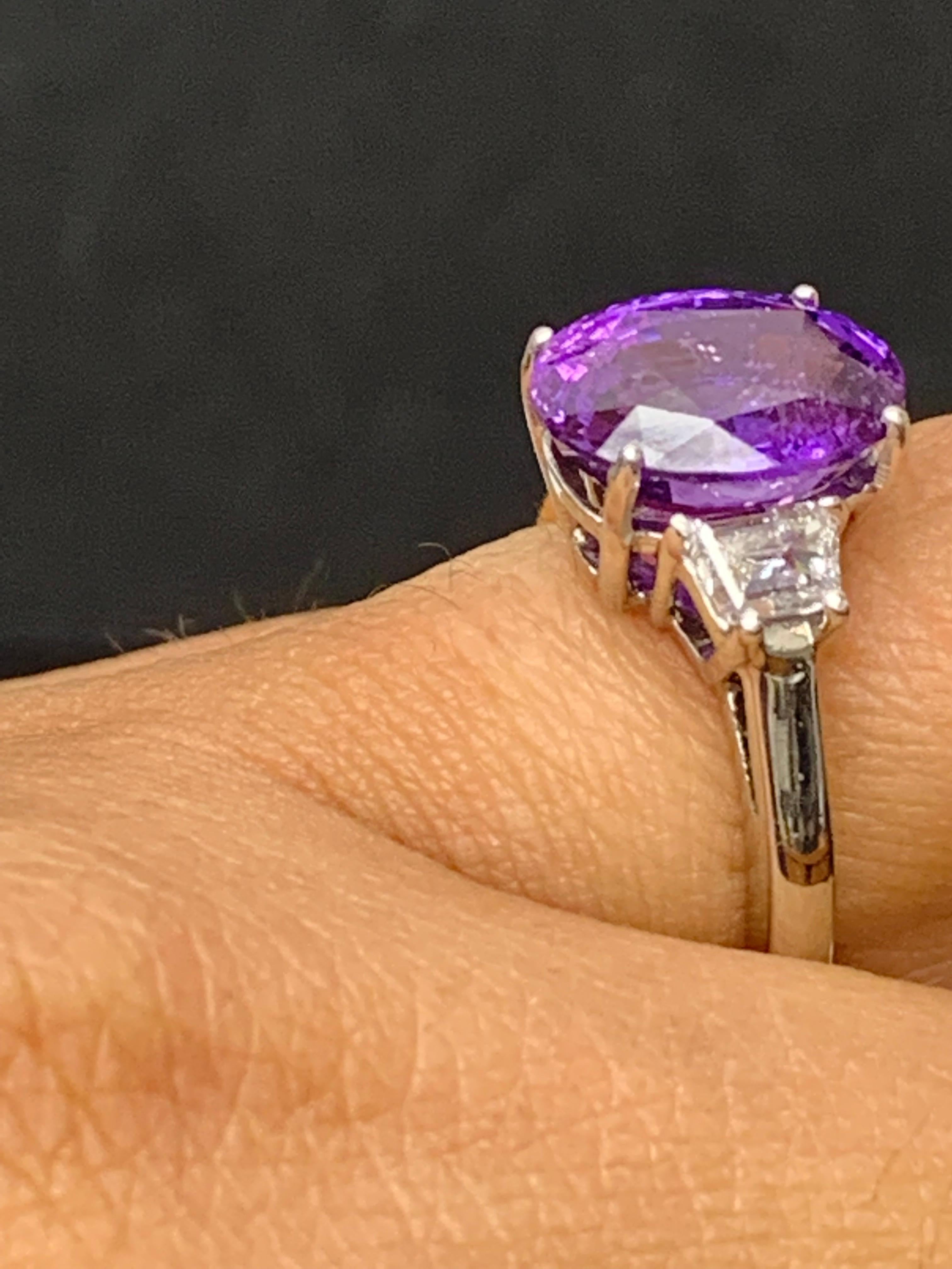 5.56 Carat Oval Cut Purple Sapphire Diamond 3-Stone Engagement Ring in Platinum For Sale 6