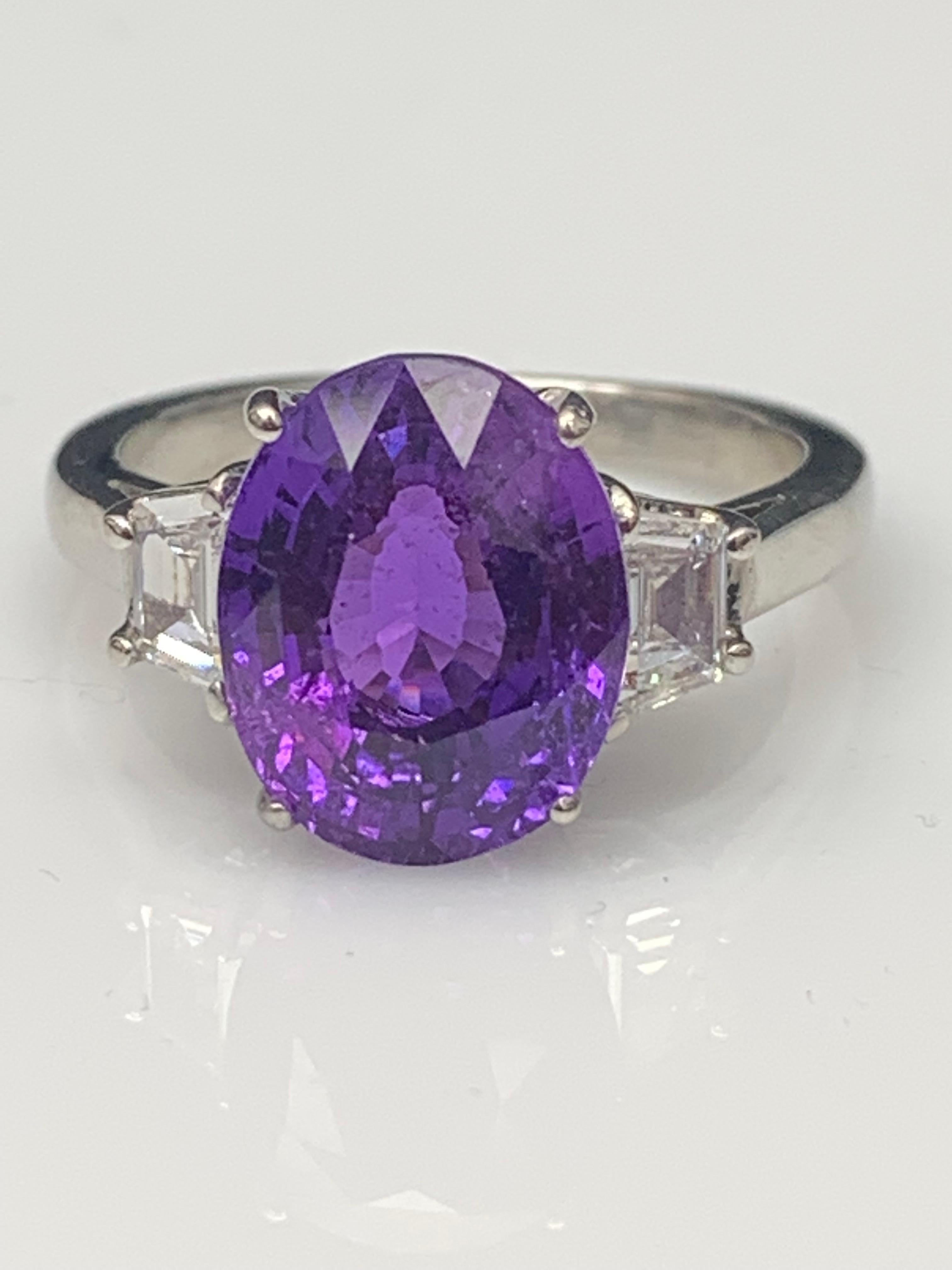 5.56 Carat Oval Cut Purple Sapphire Diamond 3-Stone Engagement Ring in Platinum For Sale 7