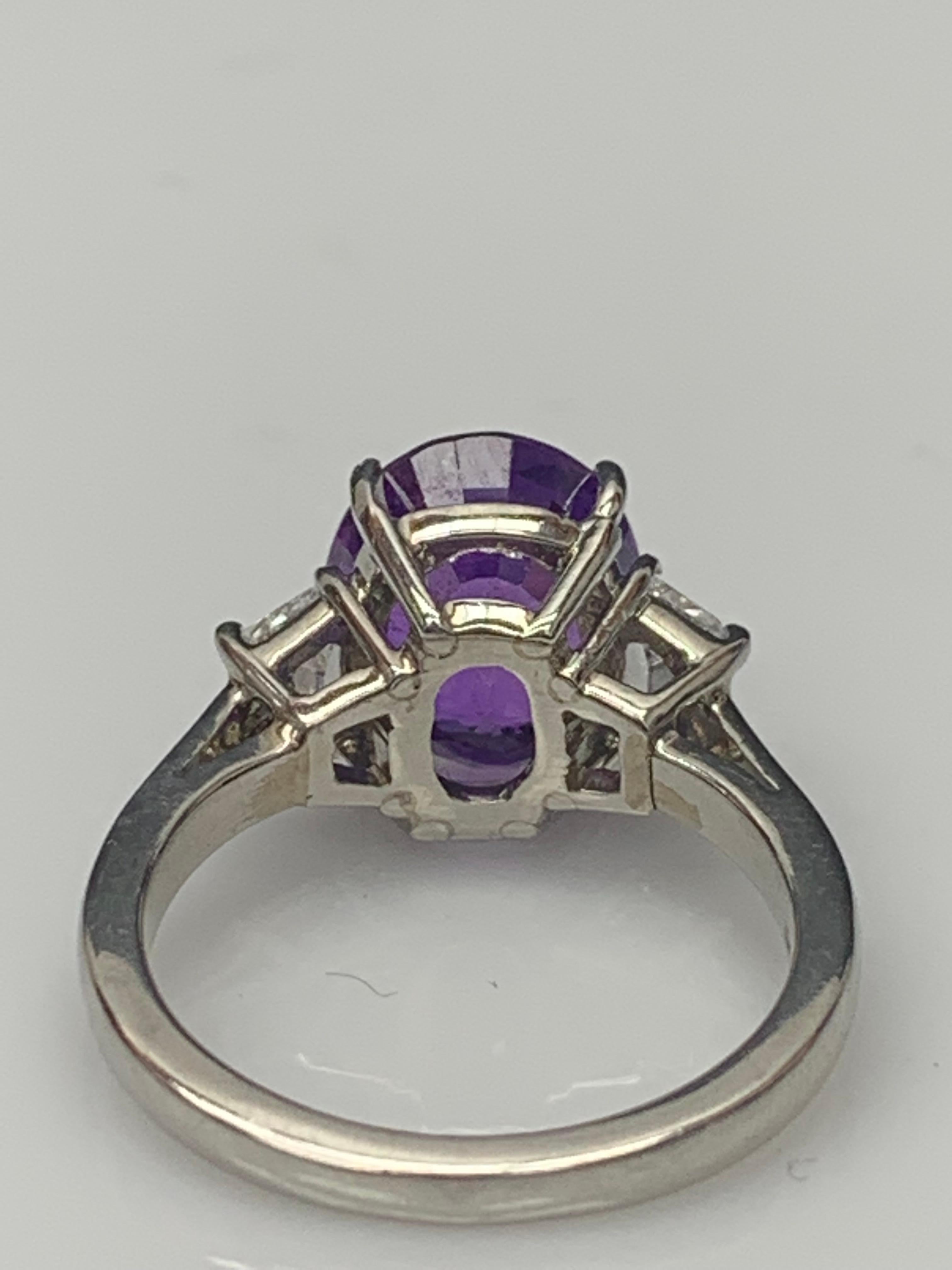 5.56 Carat Oval Cut Purple Sapphire Diamond 3-Stone Engagement Ring in Platinum For Sale 9