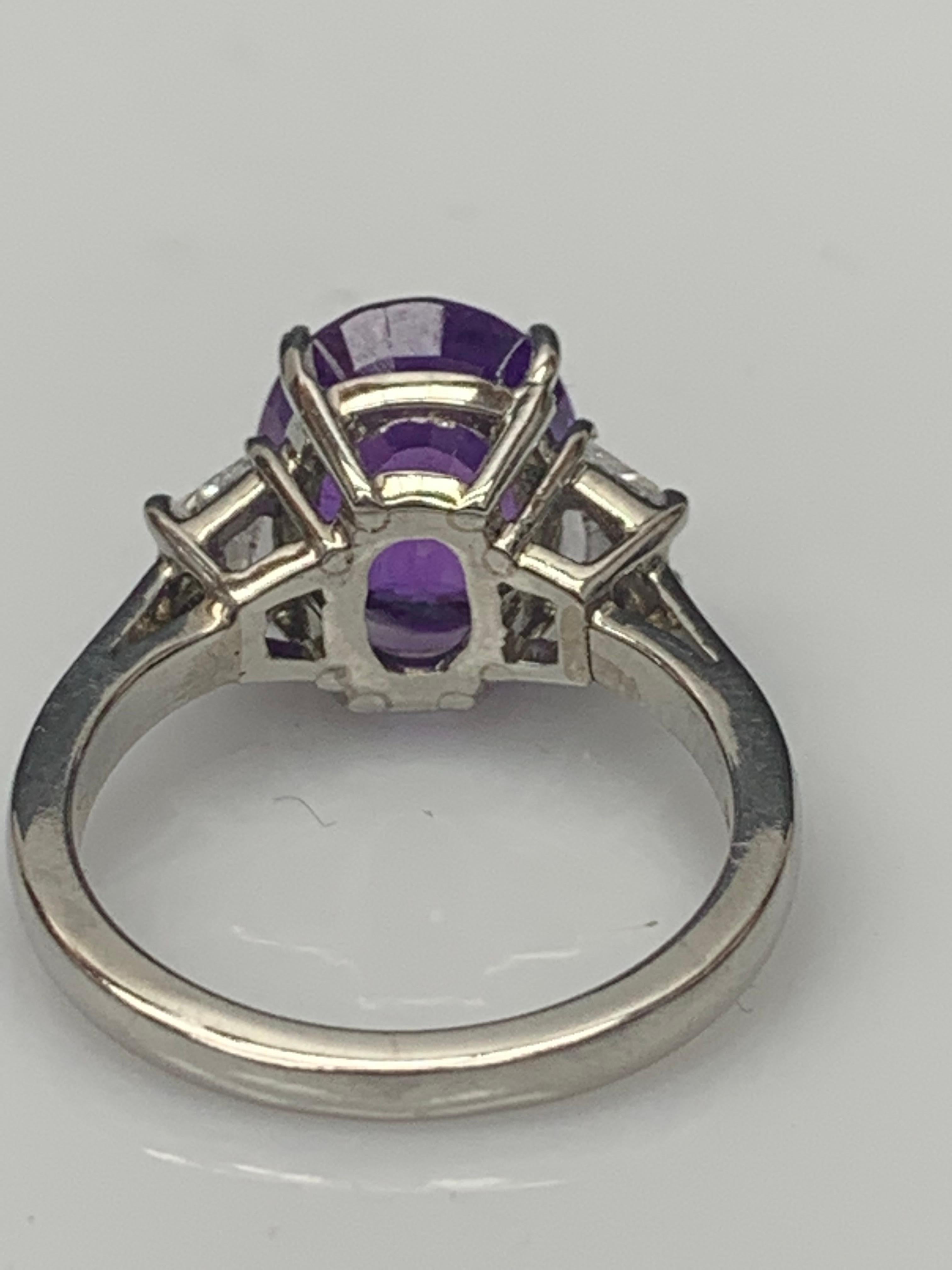 5.56 Carat Oval Cut Purple Sapphire Diamond 3-Stone Engagement Ring in Platinum In New Condition For Sale In NEW YORK, NY