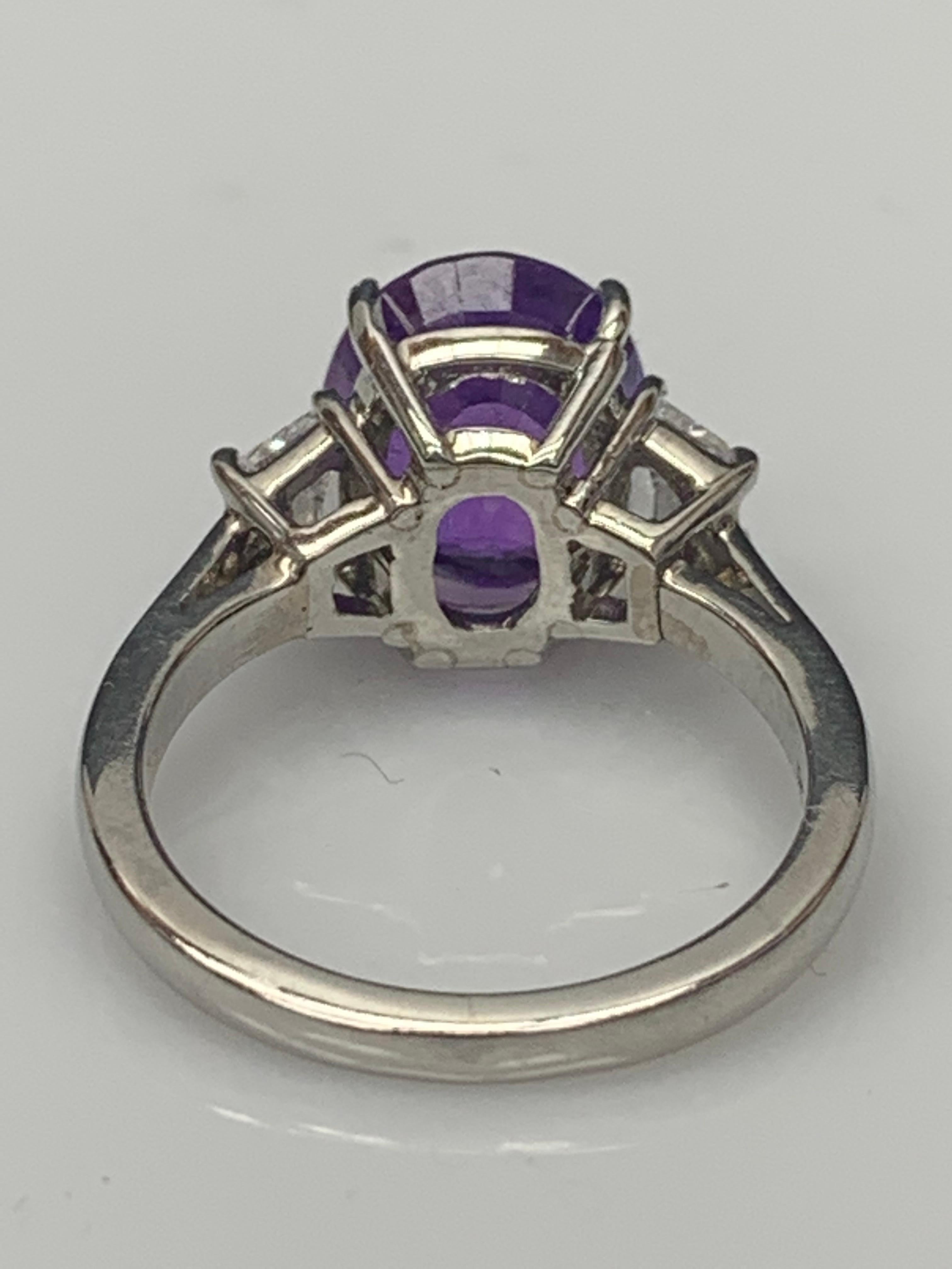 Women's 5.56 Carat Oval Cut Purple Sapphire Diamond 3-Stone Engagement Ring in Platinum For Sale