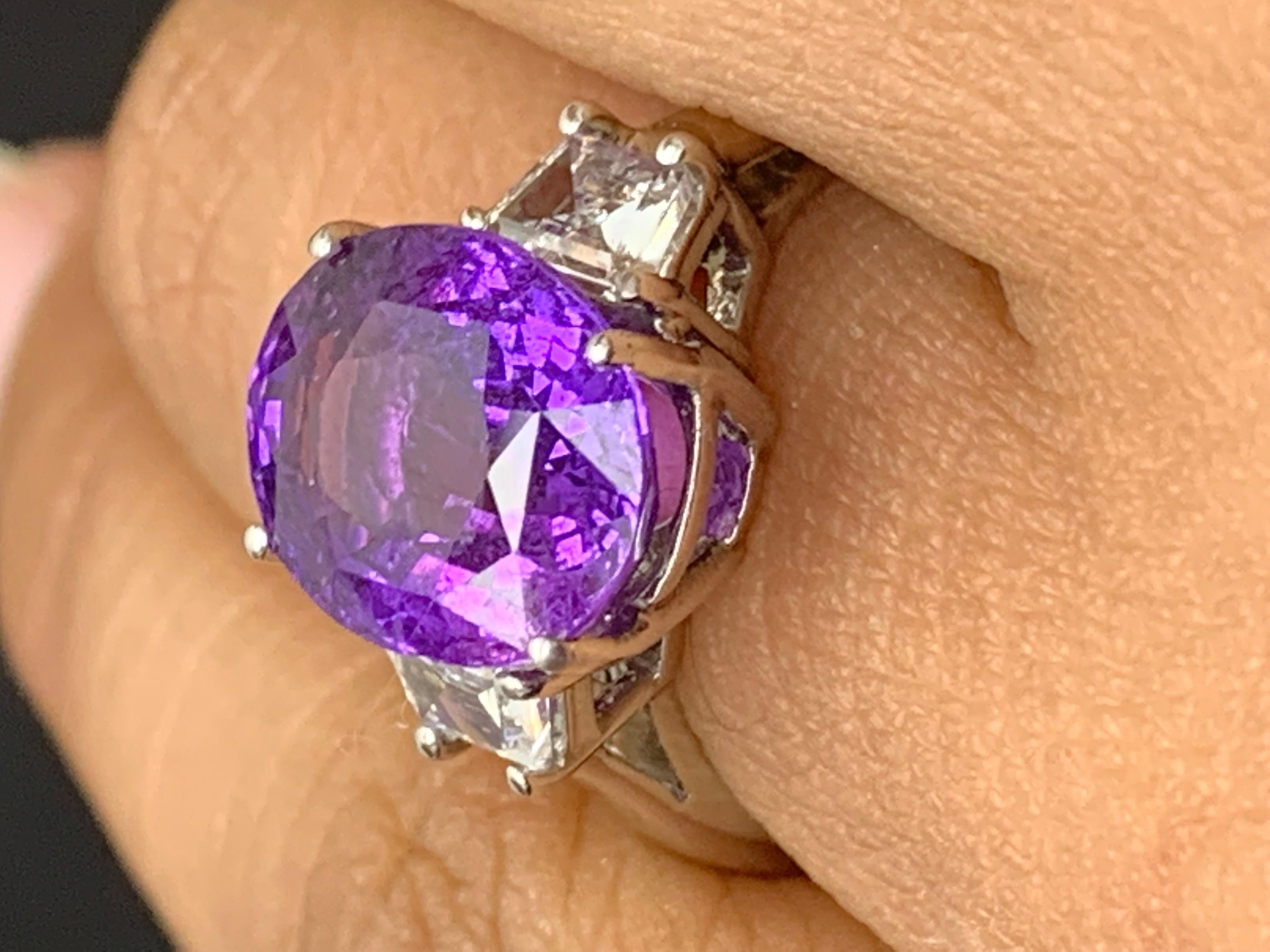 5.56 Carat Oval Cut Purple Sapphire Diamond 3-Stone Engagement Ring in Platinum For Sale 3