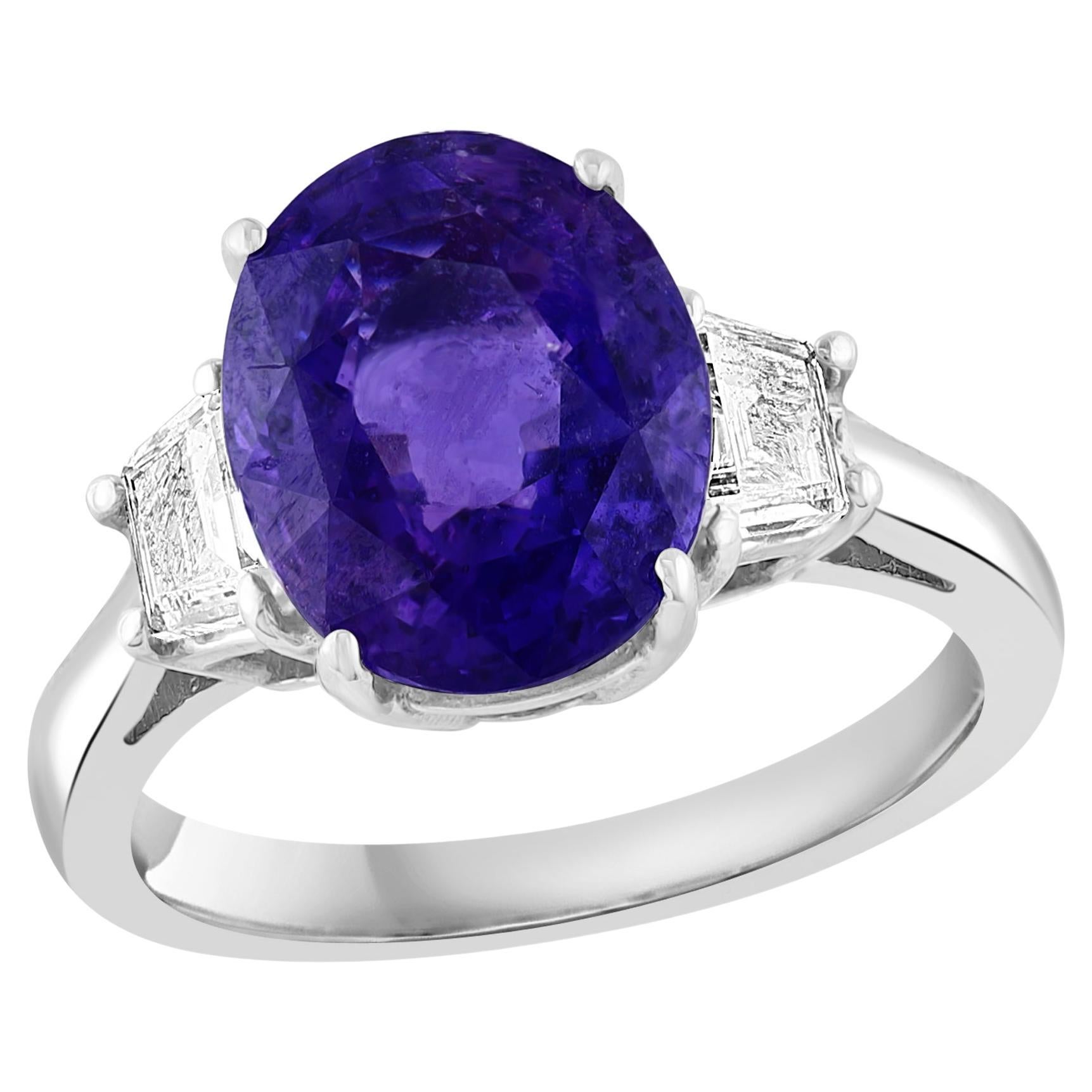 5.56 Carat Oval Cut Purple Sapphire Diamond 3-Stone Engagement Ring in Platinum For Sale