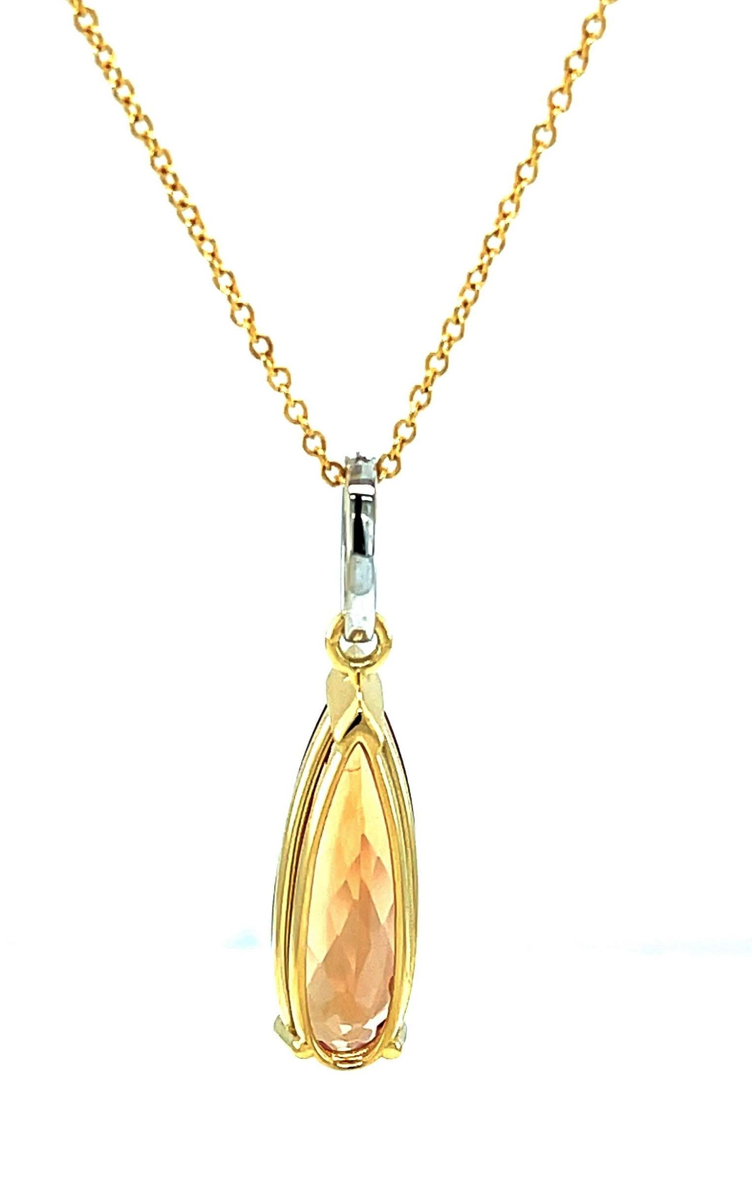 Artisan Imperial Topaz and Diamond Drop Necklace in White and Yellow Gold, 5.56 Carats