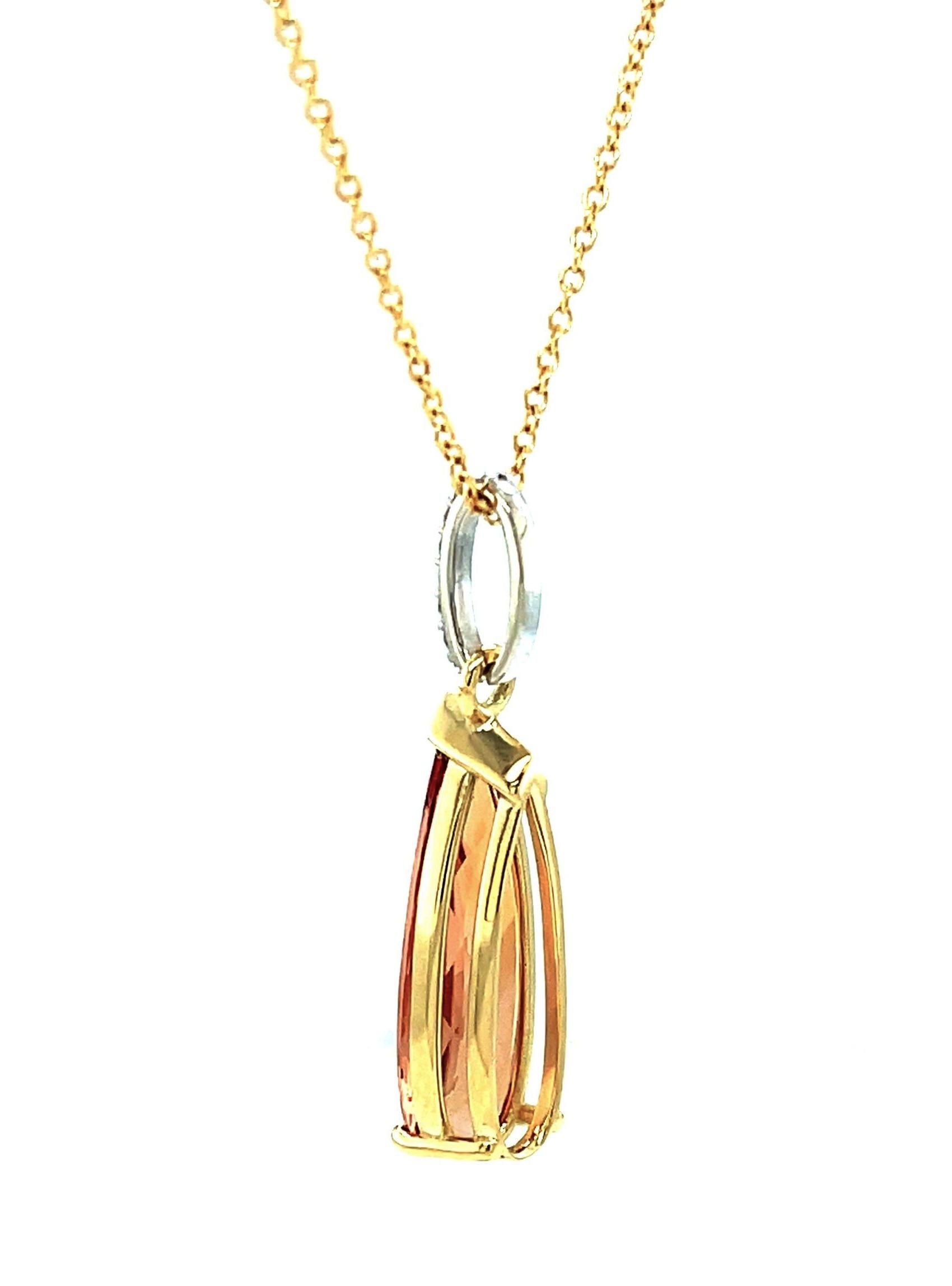 Pear Cut Imperial Topaz and Diamond Drop Necklace in White and Yellow Gold, 5.56 Carats