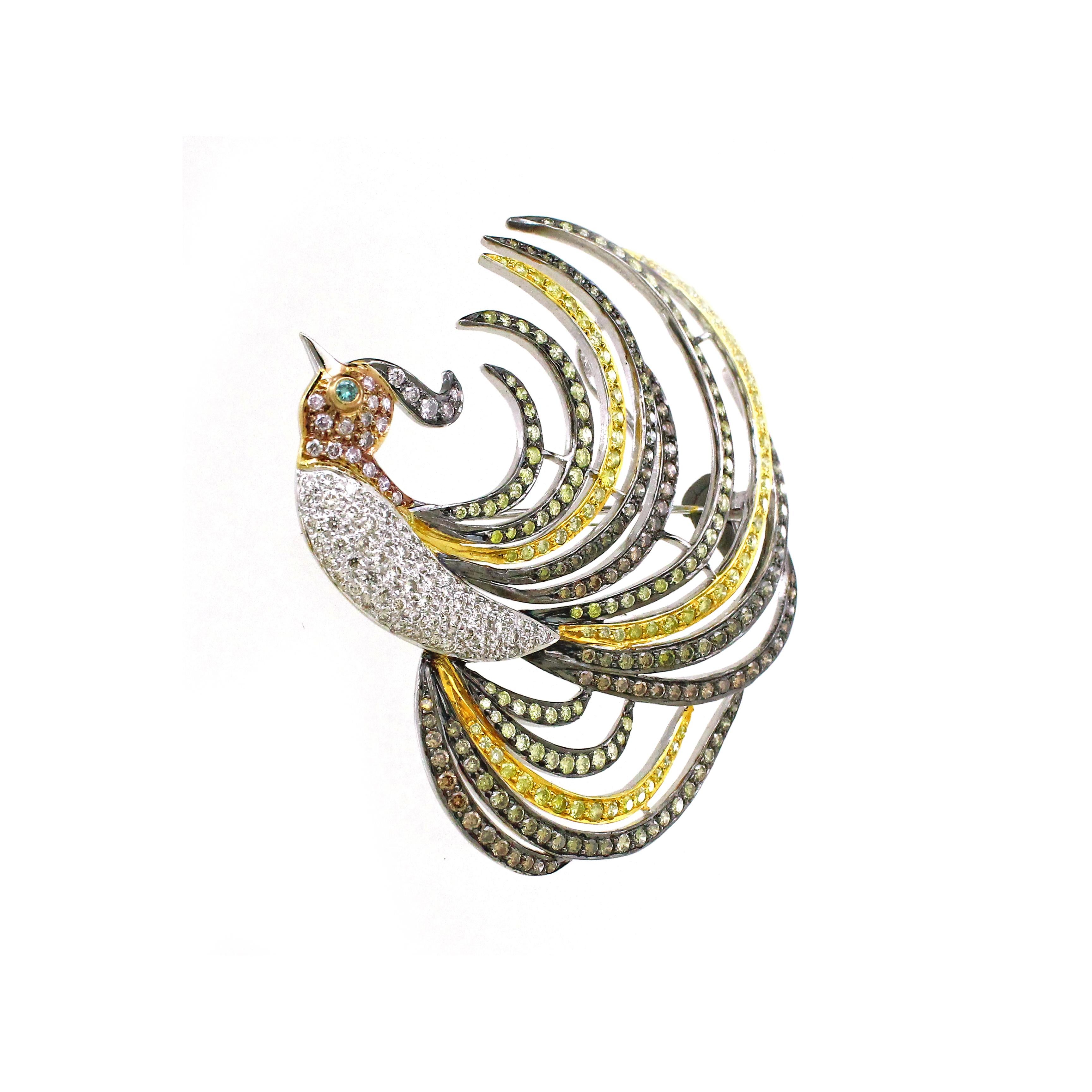 Embark on a flight of elegance with this exquisite bird-inspired brooch, a mesmerizing fusion of nature's beauty and meticulous craftsmanship. Crafted in 18K white gold, weighing 22.22 grams, this captivating piece channels the grace of avian
